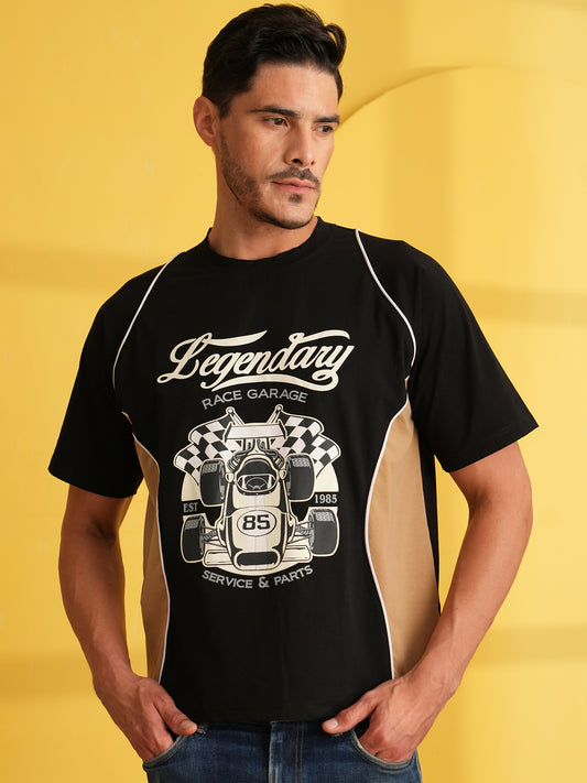 Men Oversized Printed Round Neck Drop Shoulder T-shirt Black