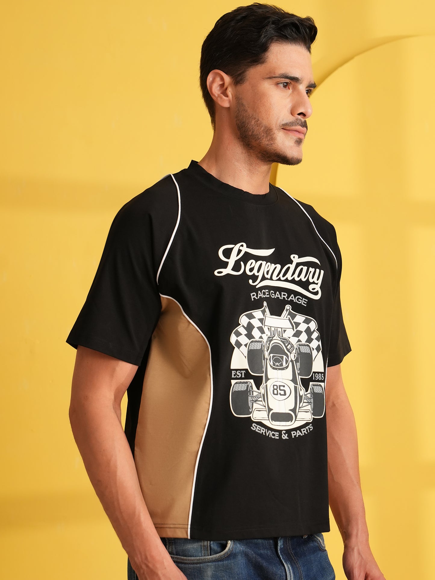 Men Oversized Printed Round Neck Drop Shoulder T-shirt Black - Reprise