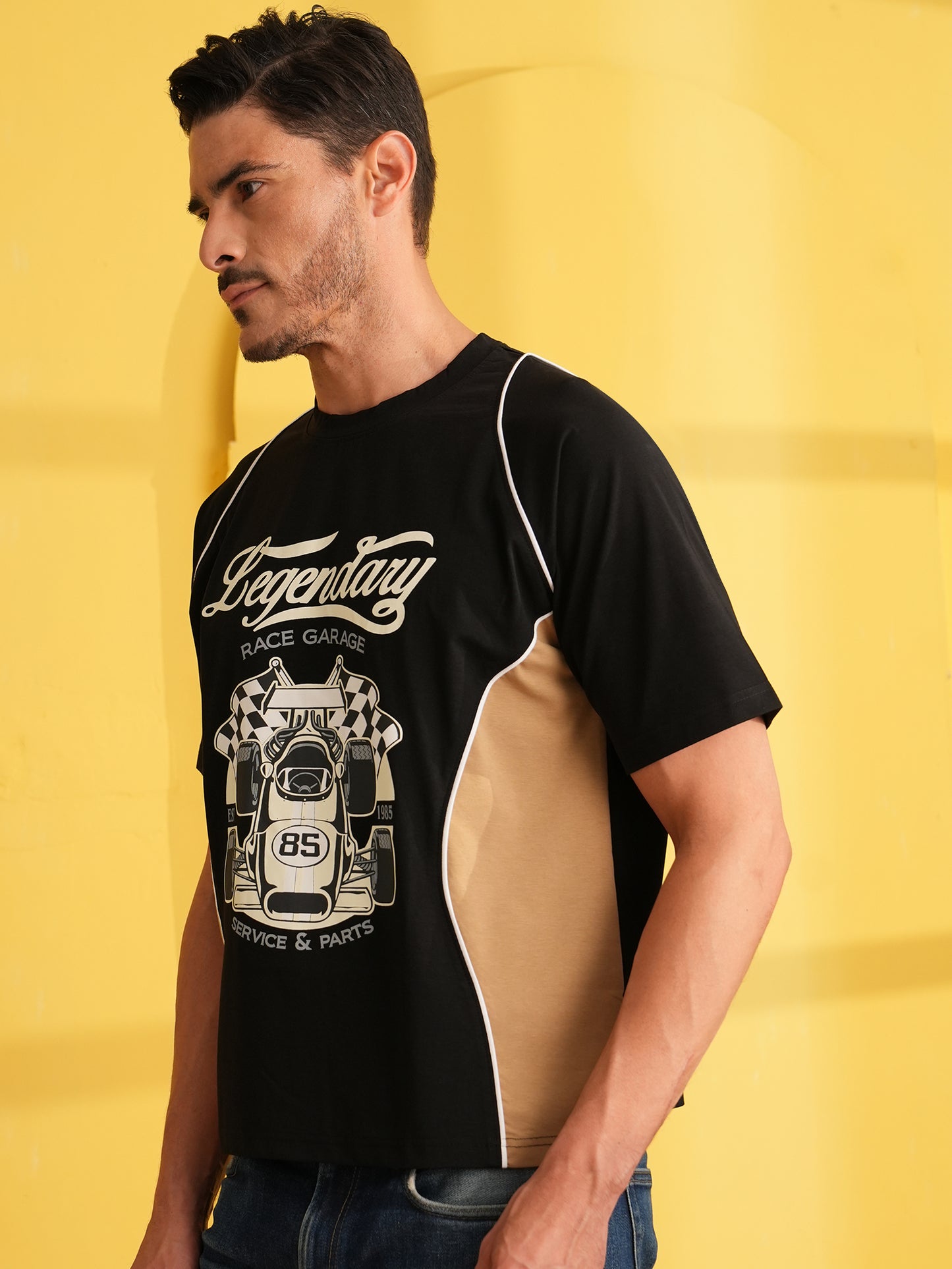 Men Oversized Printed Round Neck Drop Shoulder T-shirt Black - Reprise