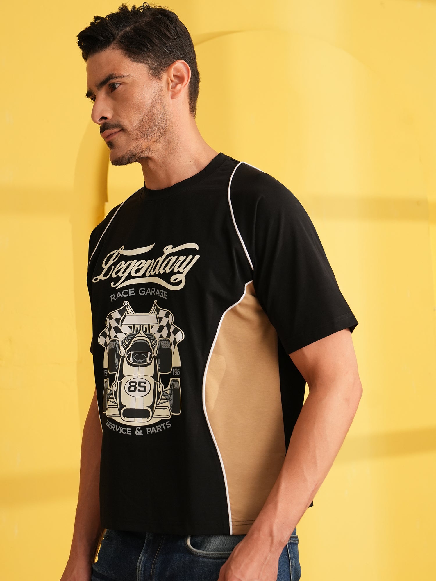 Men Oversized Printed Round Neck Drop Shoulder T-shirt Black - Reprise