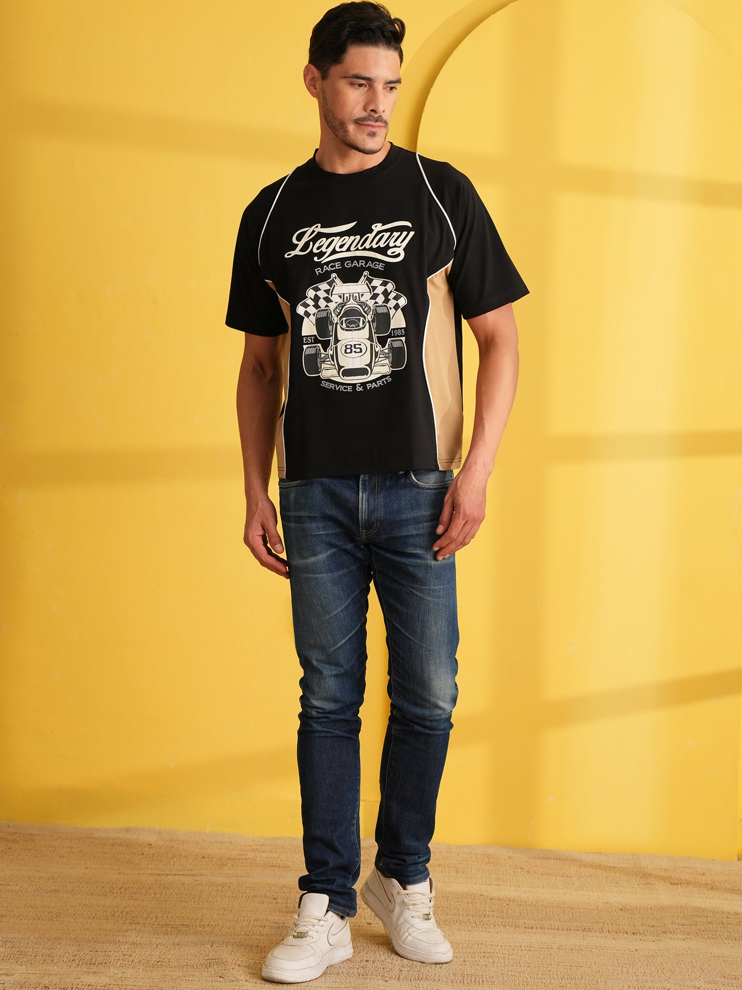 Men Oversized Printed Round Neck Drop Shoulder T-shirt Black - Reprise