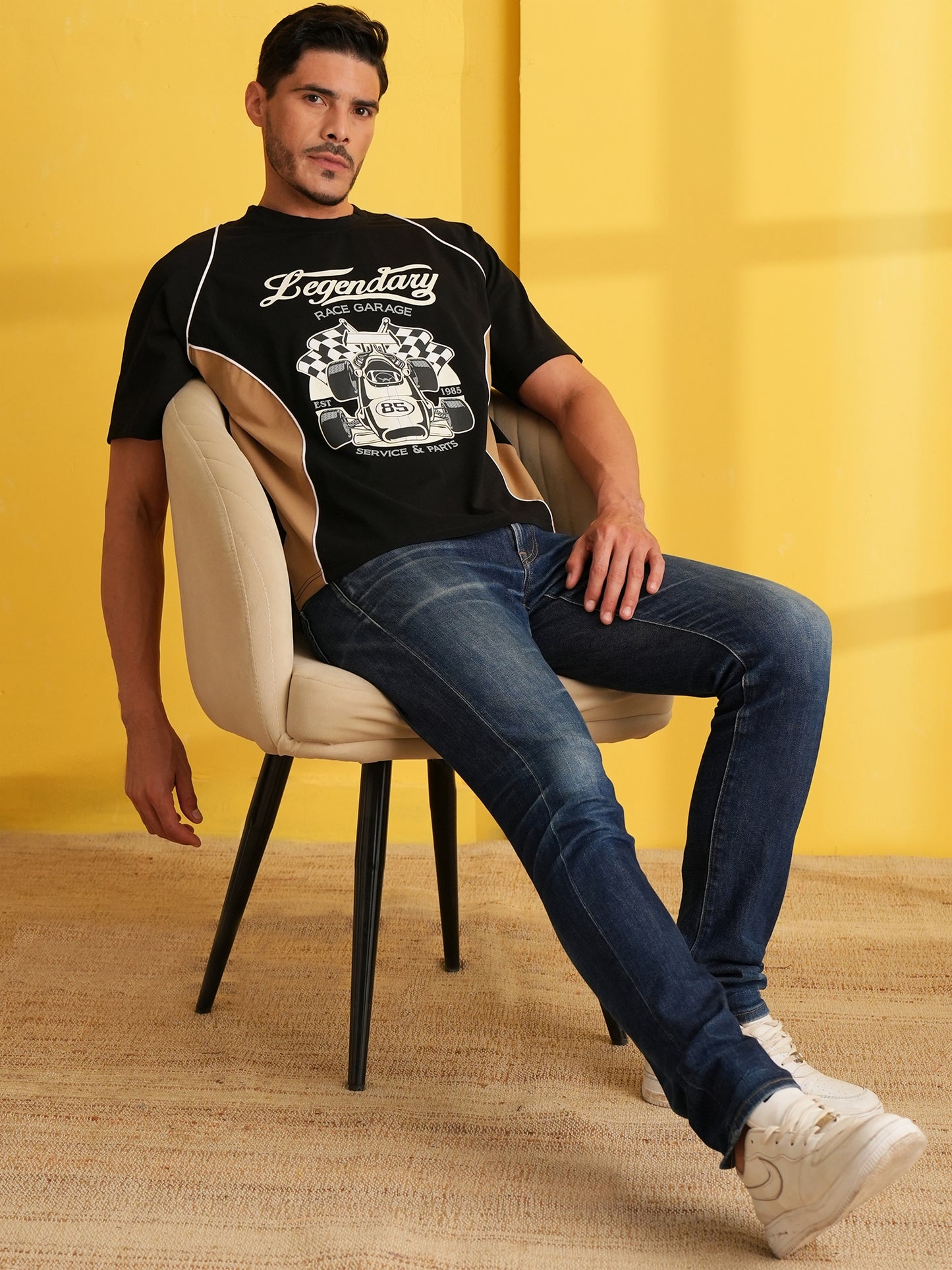 Men Oversized Printed Round Neck Drop Shoulder T-shirt Black - Reprise