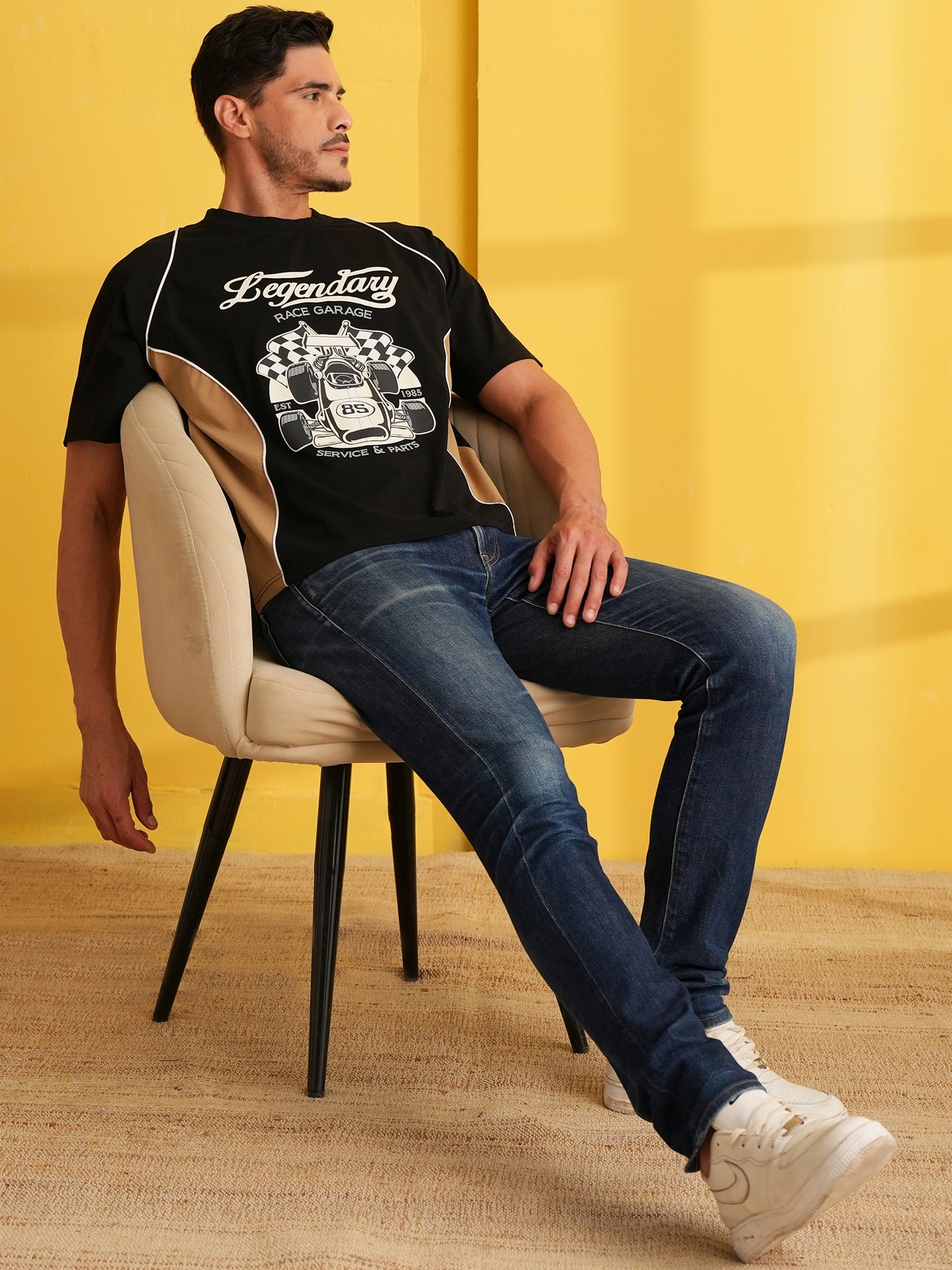 Men Oversized Printed Round Neck Drop Shoulder T-shirt Black - Reprise