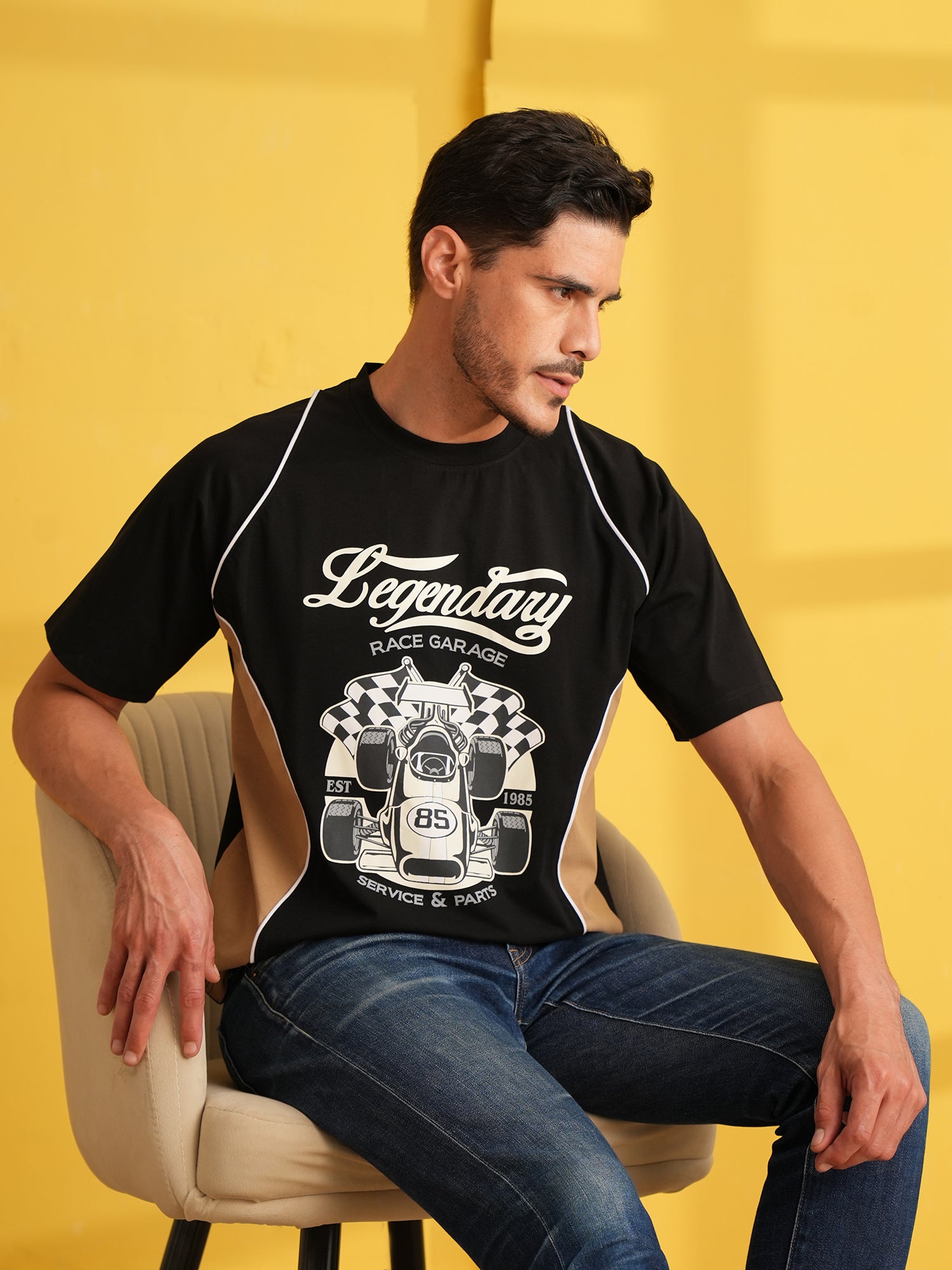 Men Oversized Printed Round Neck Drop Shoulder T-shirt Black - Reprise
