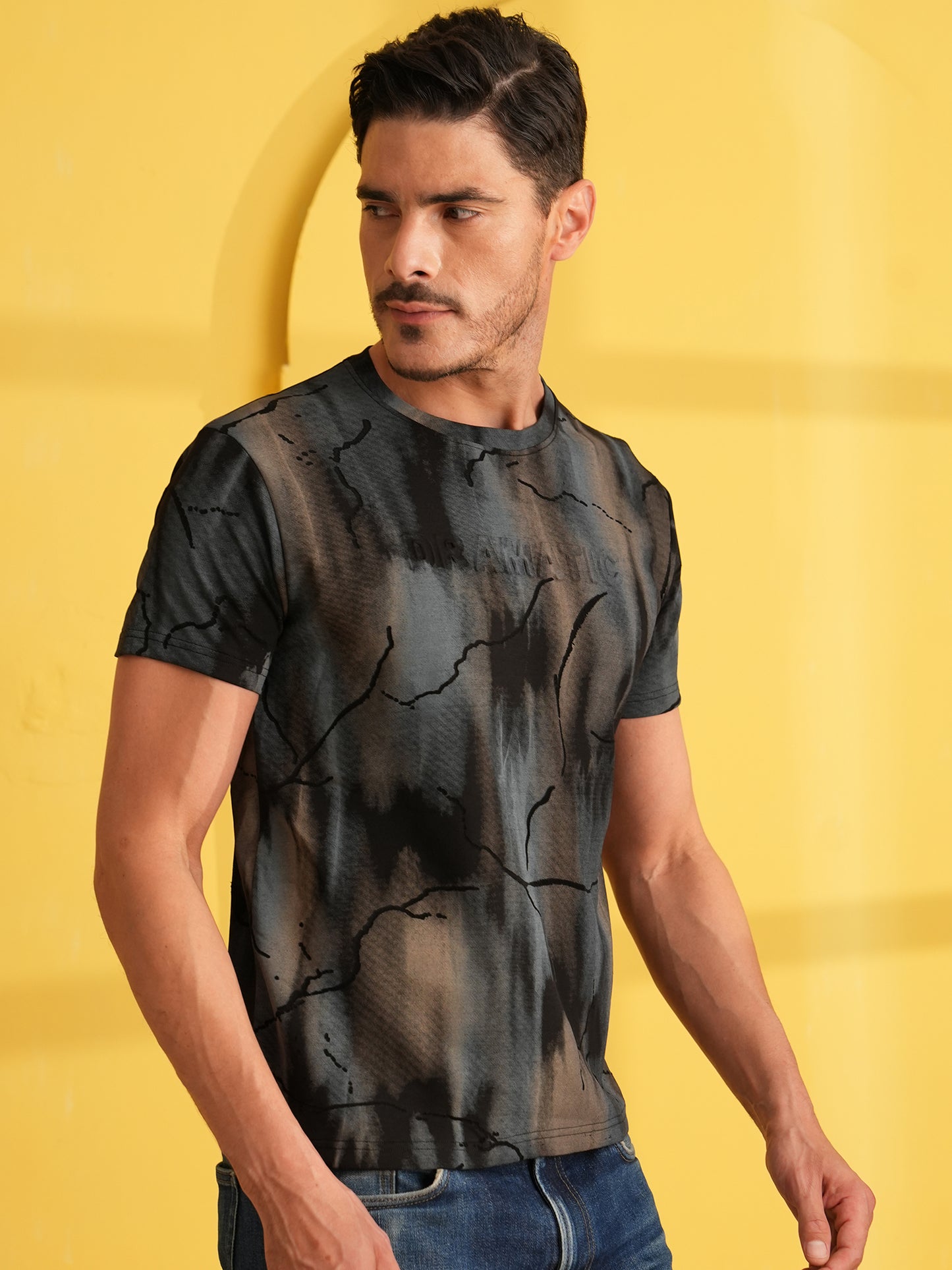 Men Printed Round Neck T-shirt Black Grey