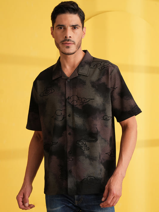 Men Self Design Printed Half Sleeve Shirt Black