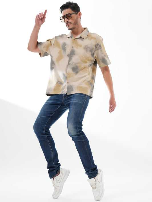 Men Self Design Printed Half Sleeve Shirt Beige Grey - Reprise