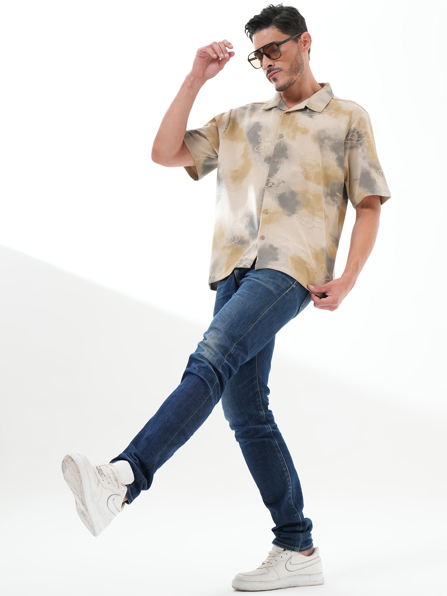 Men Self Design Printed Half Sleeve Shirt Beige Grey - Reprise