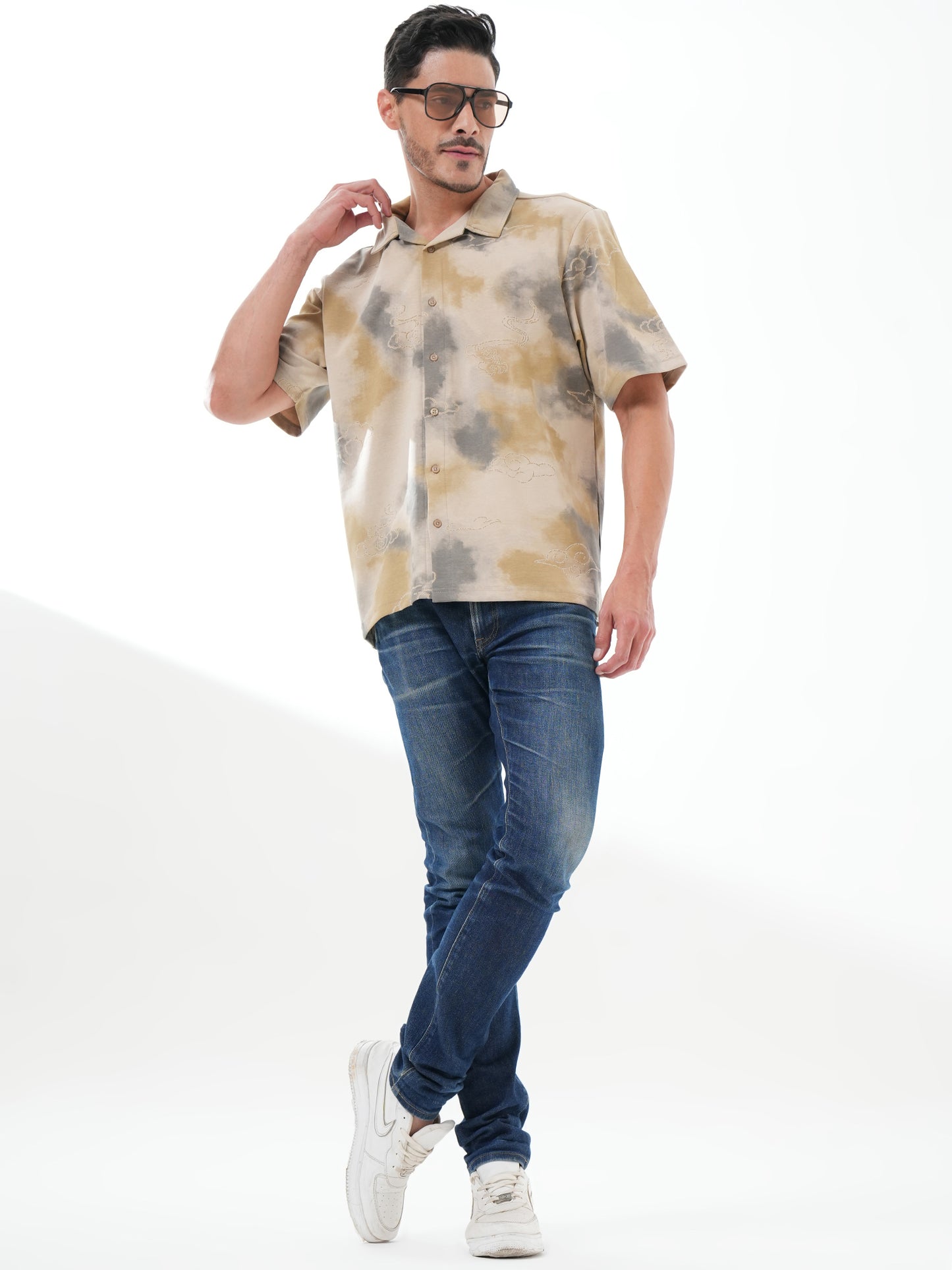 Men Self Design Printed Half Sleeve Shirt Beige Grey - Reprise