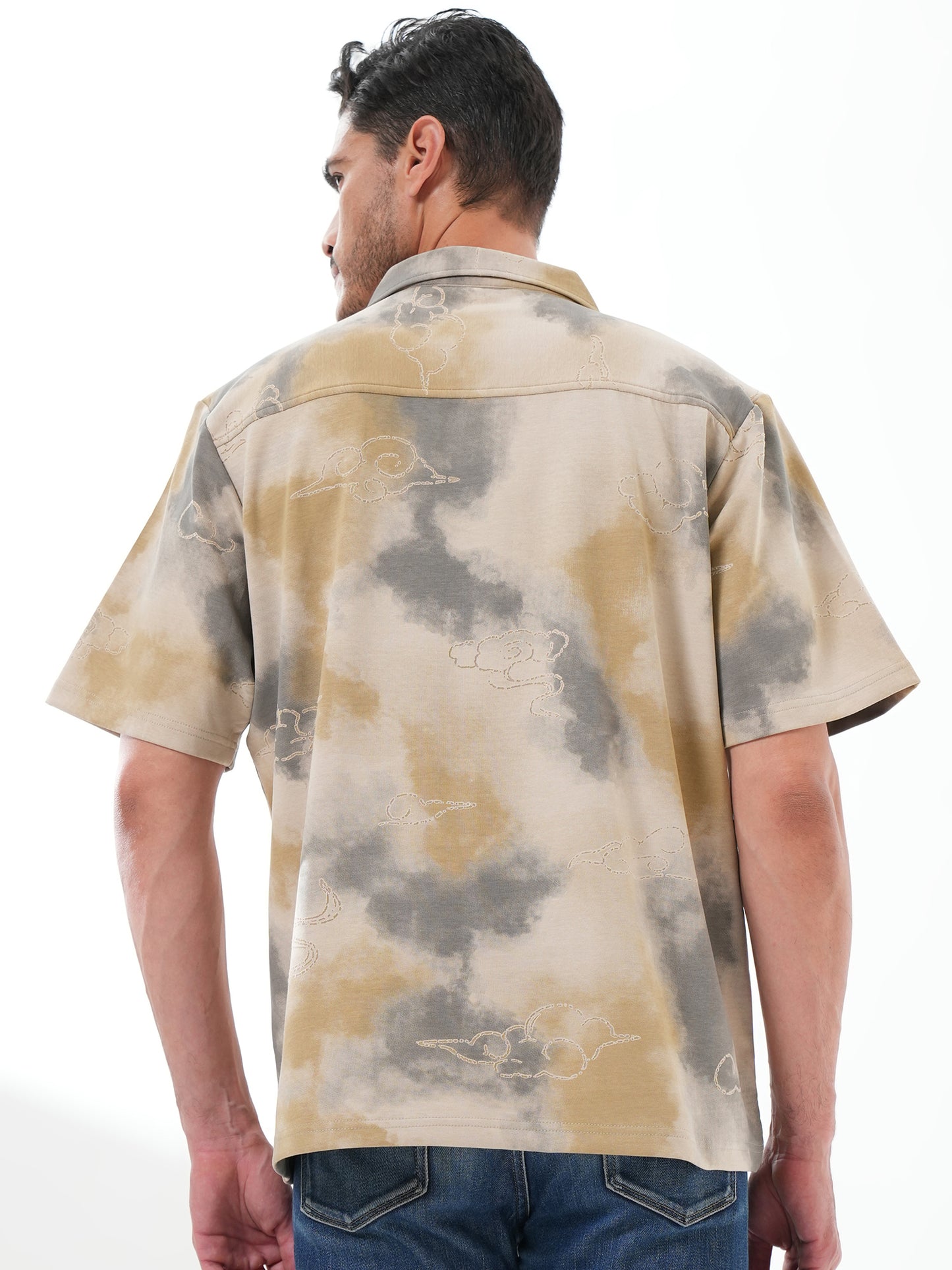 Men Self Design Printed Half Sleeve Shirt Beige Grey - Reprise