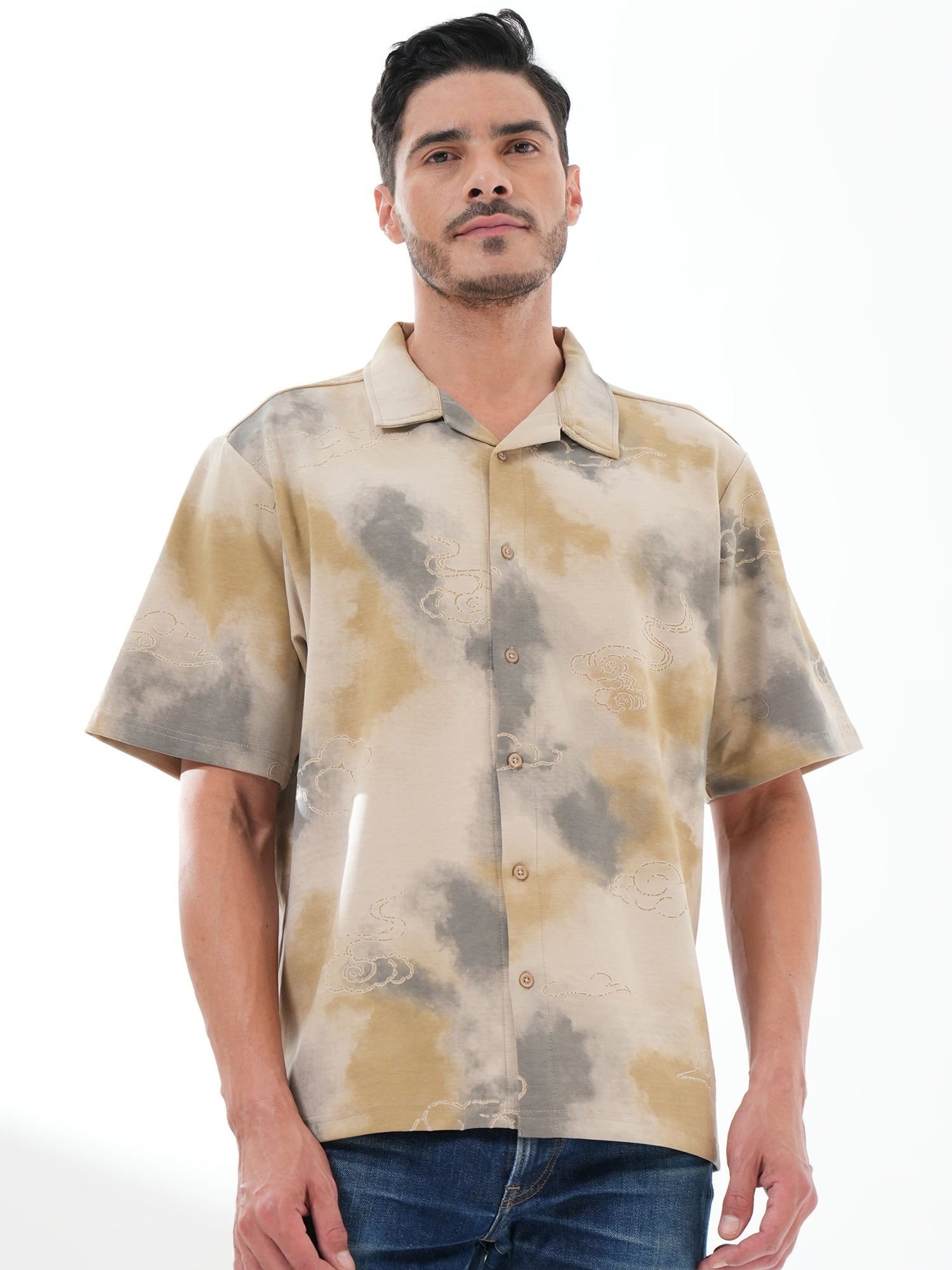 Men Self Design Printed Half Sleeve Shirt Beige Grey - Reprise