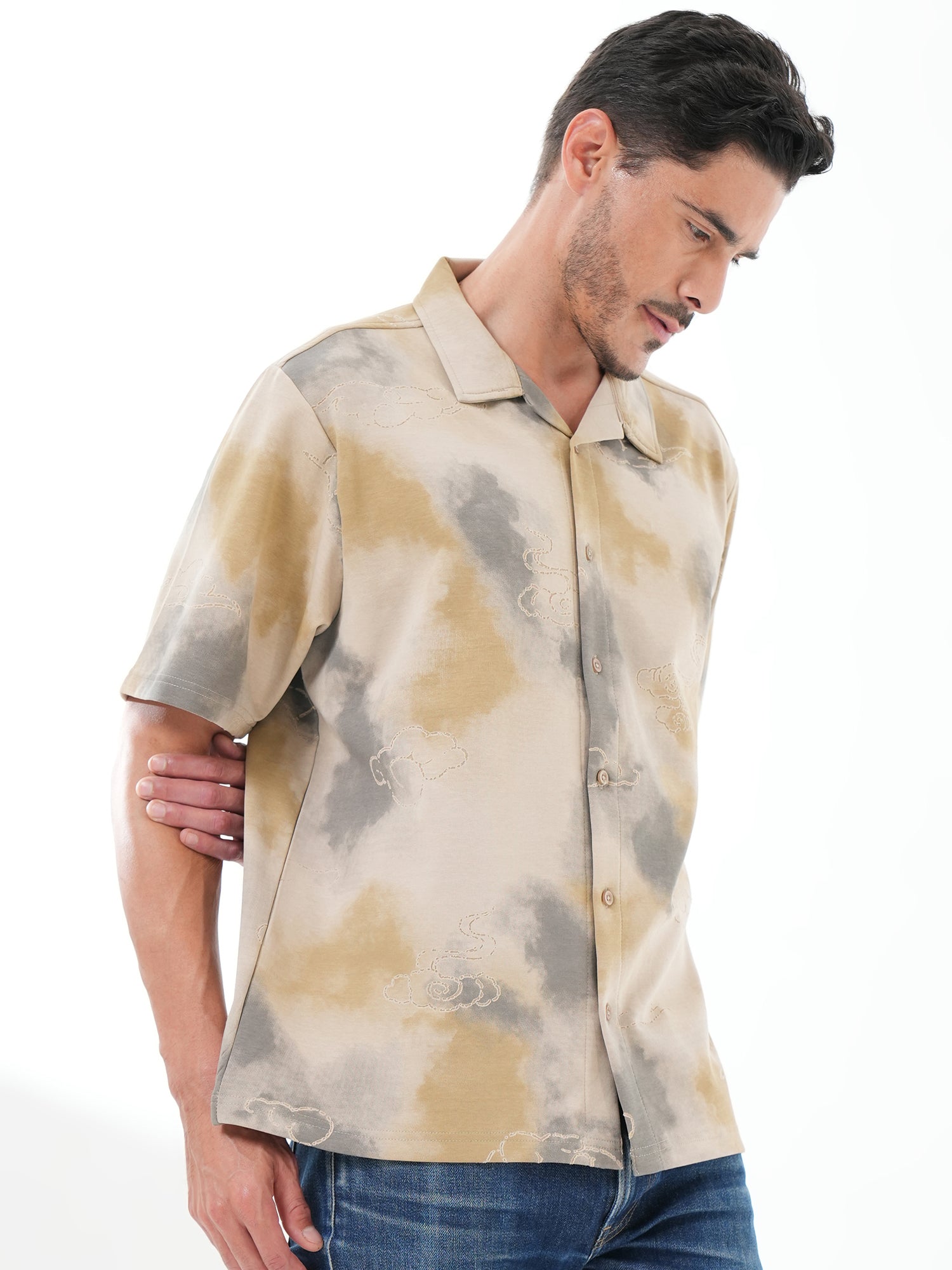 Men Self Design Printed Half Sleeve Shirt Beige Grey - Reprise