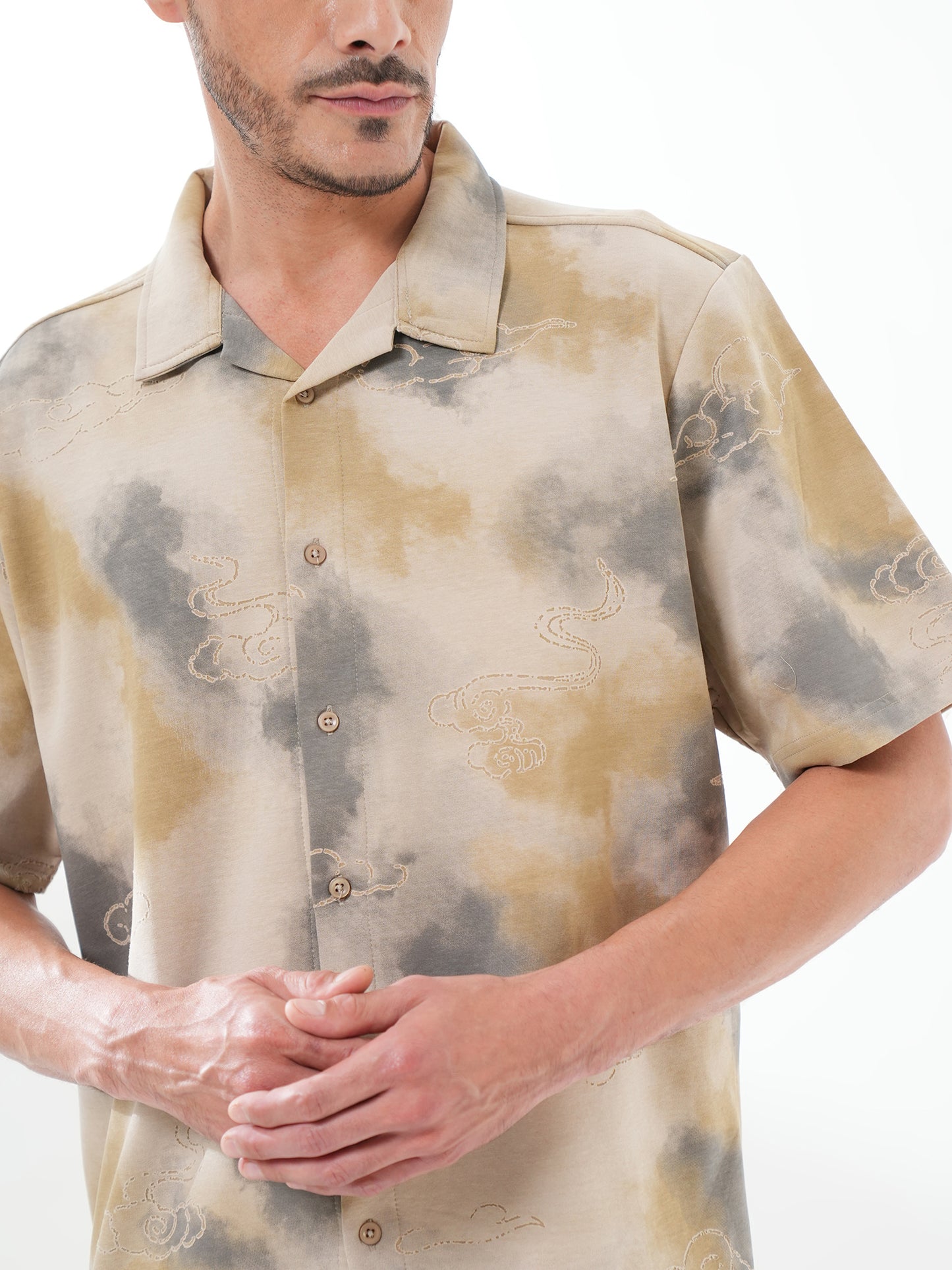 Men Self Design Printed Half Sleeve Shirt Beige Grey - Reprise
