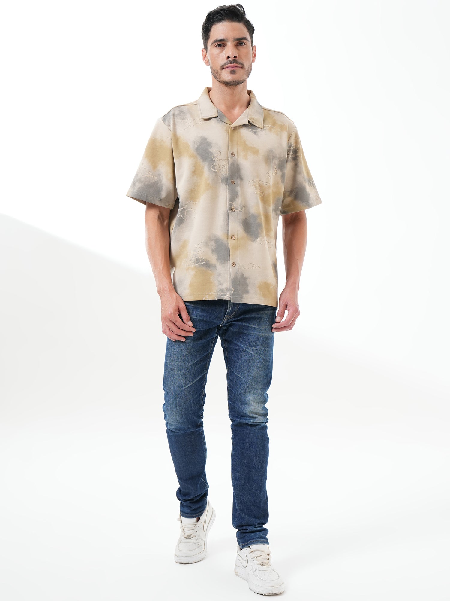 Men Self Design Printed Half Sleeve Shirt Beige Grey - Reprise