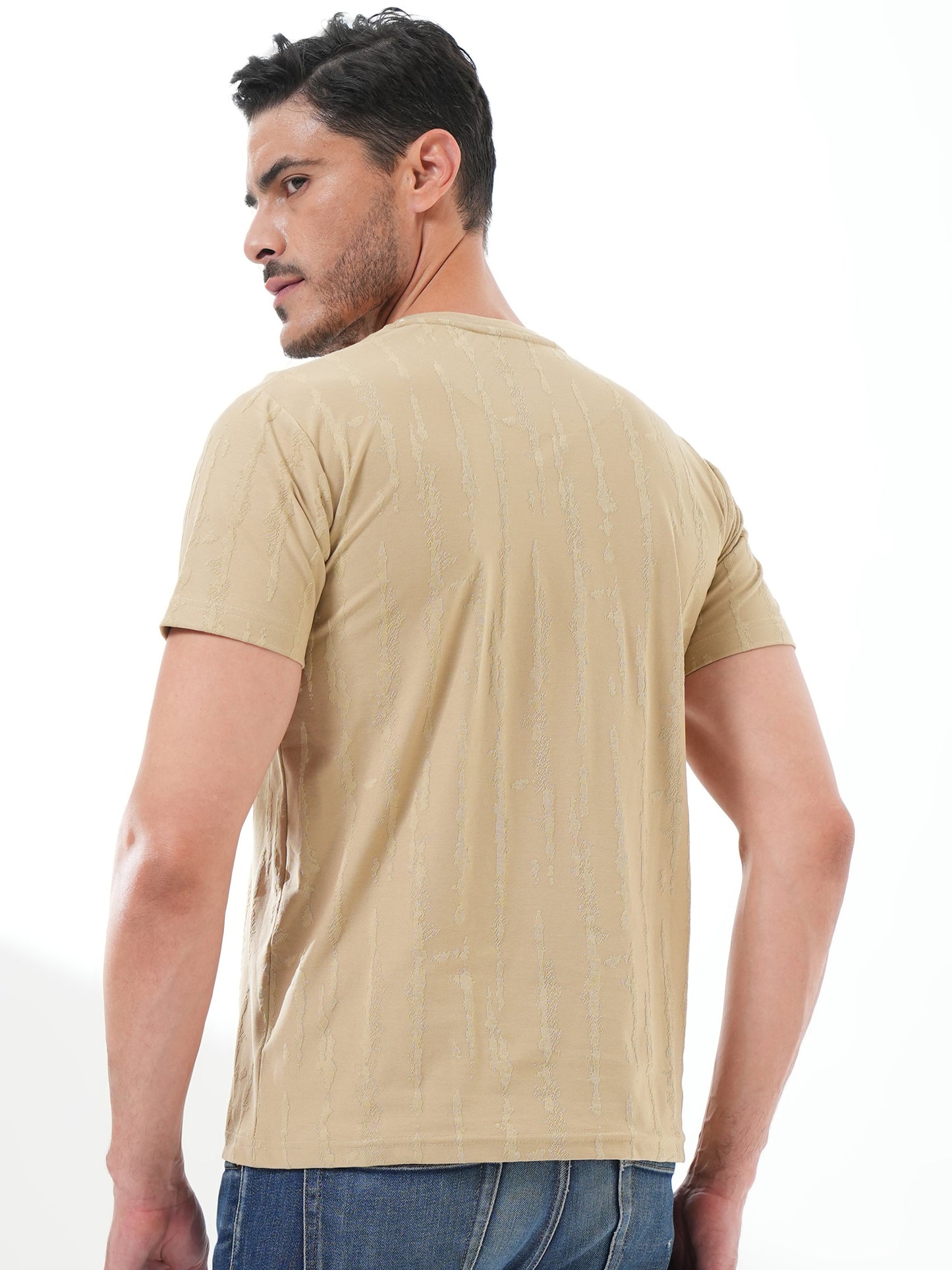 Men Textured Round Neck T-shirt Beige