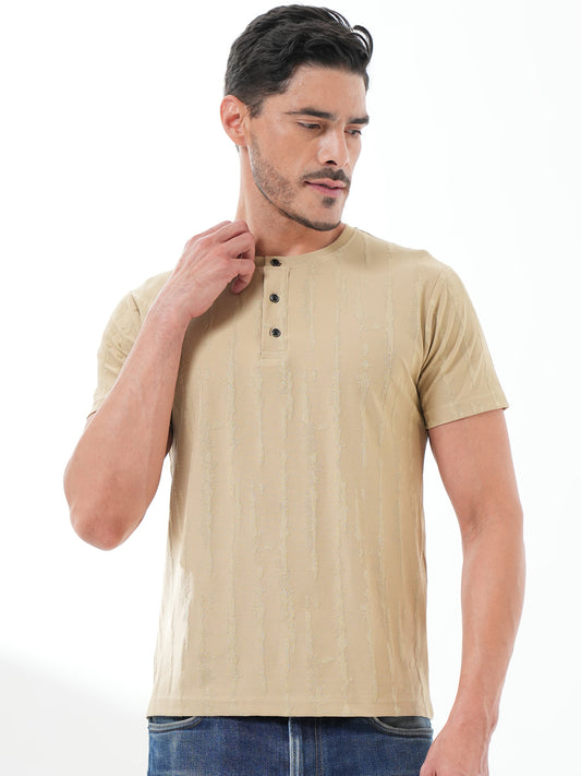 Men Textured Round Neck T-shirt Beige