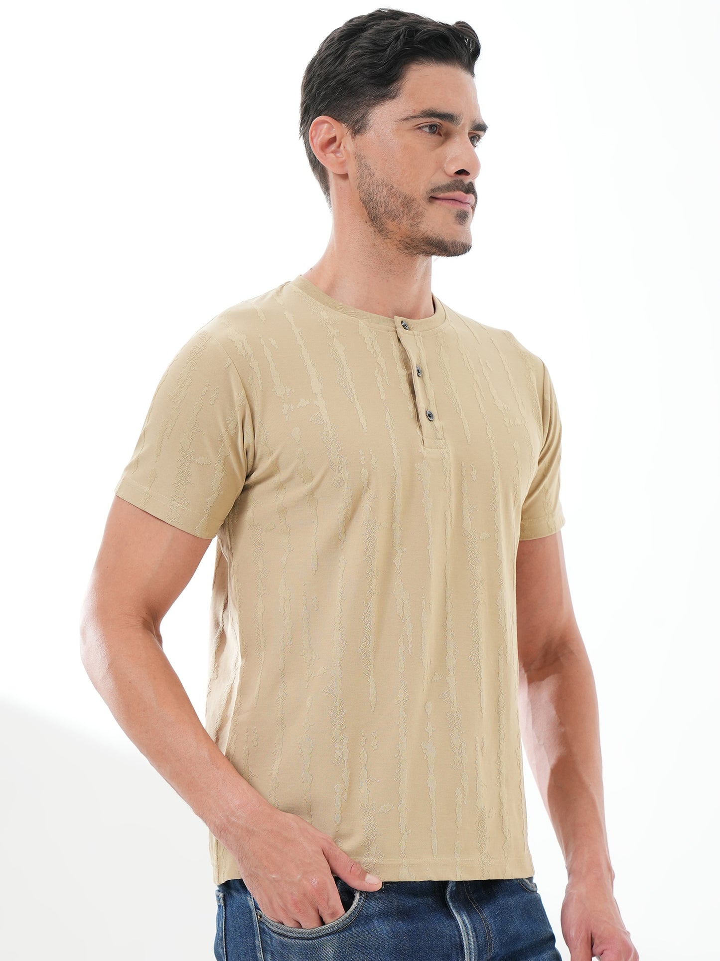 Men Textured Round Neck T-shirt Beige
