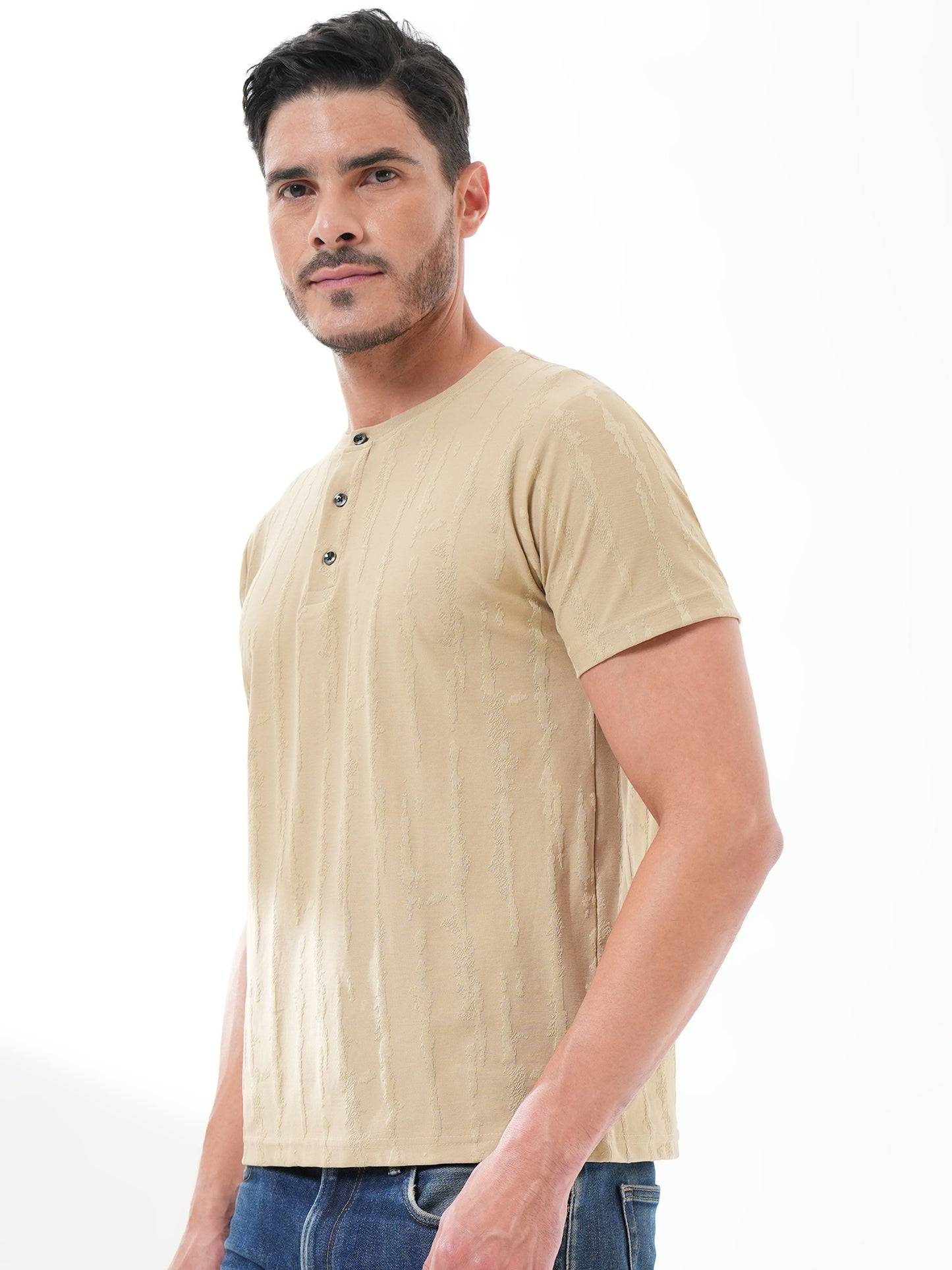 Men Textured Round Neck T-shirt Beige