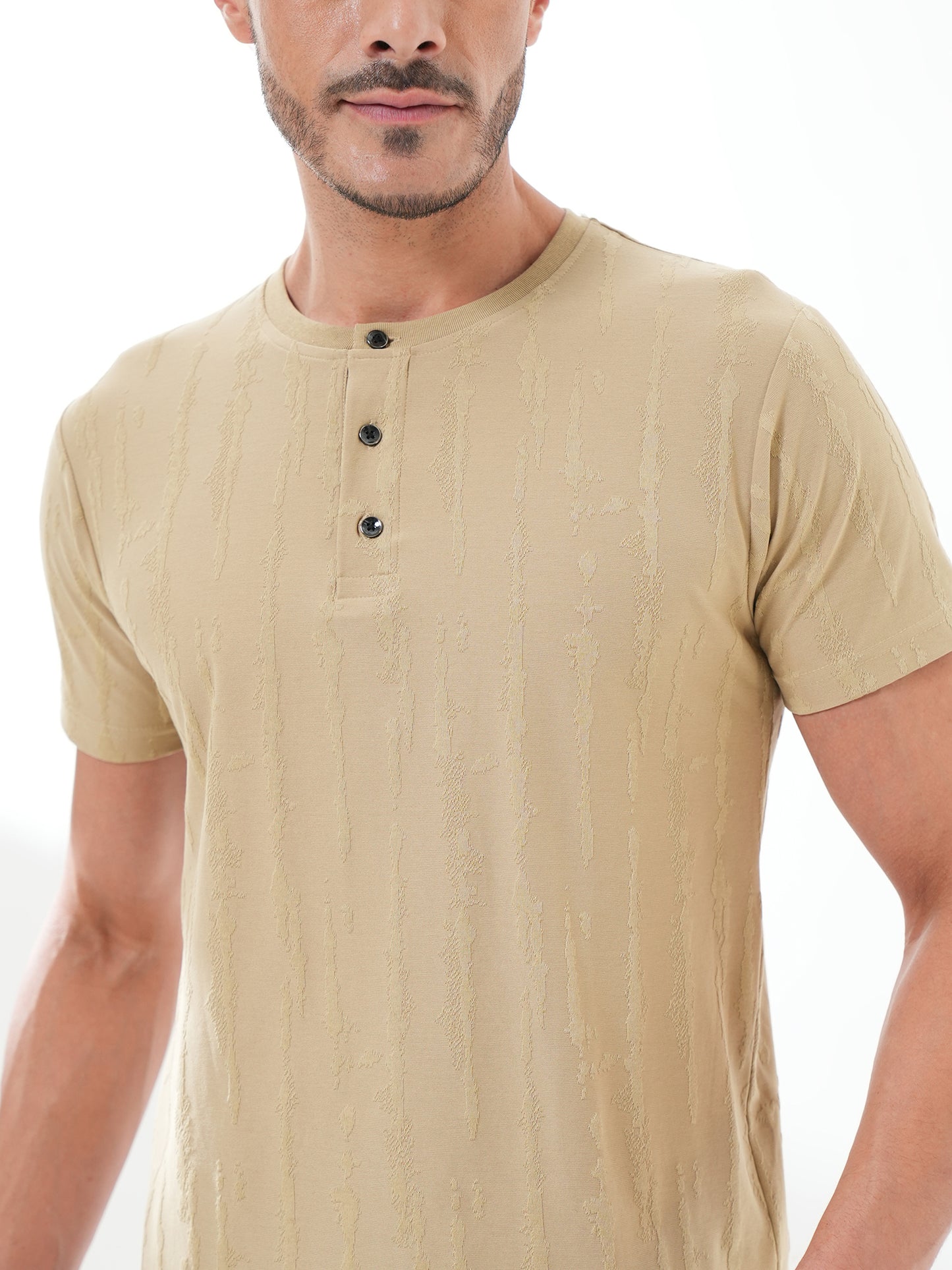 Men Textured Round Neck T-shirt Beige