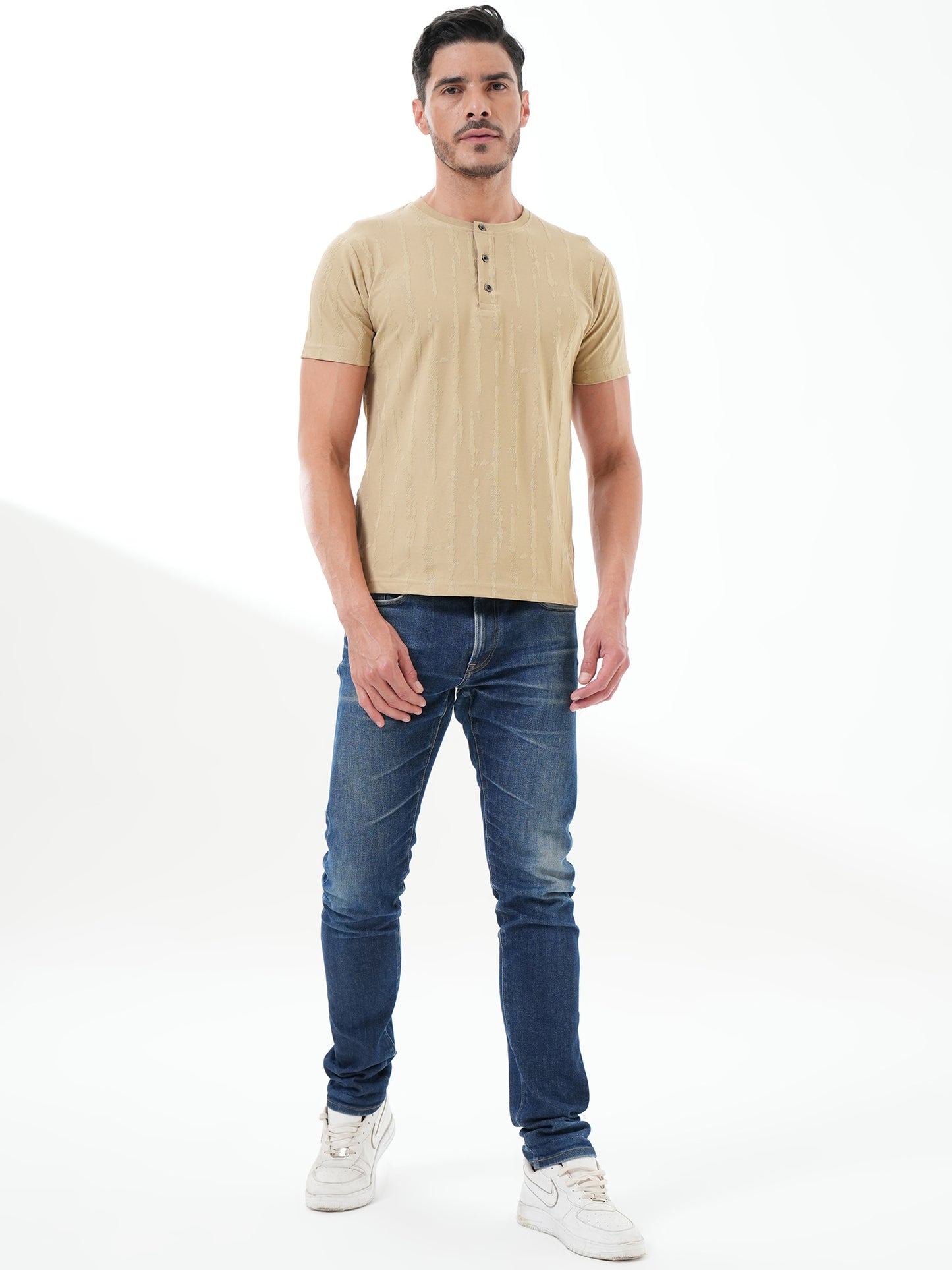 Men Textured Round Neck T-shirt Beige