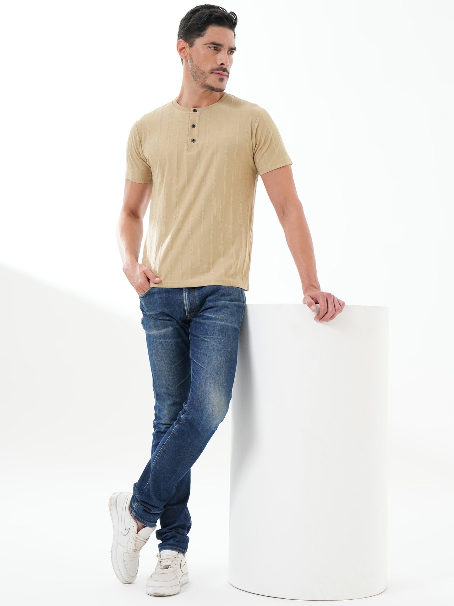 Men Textured Round Neck T-shirt Beige