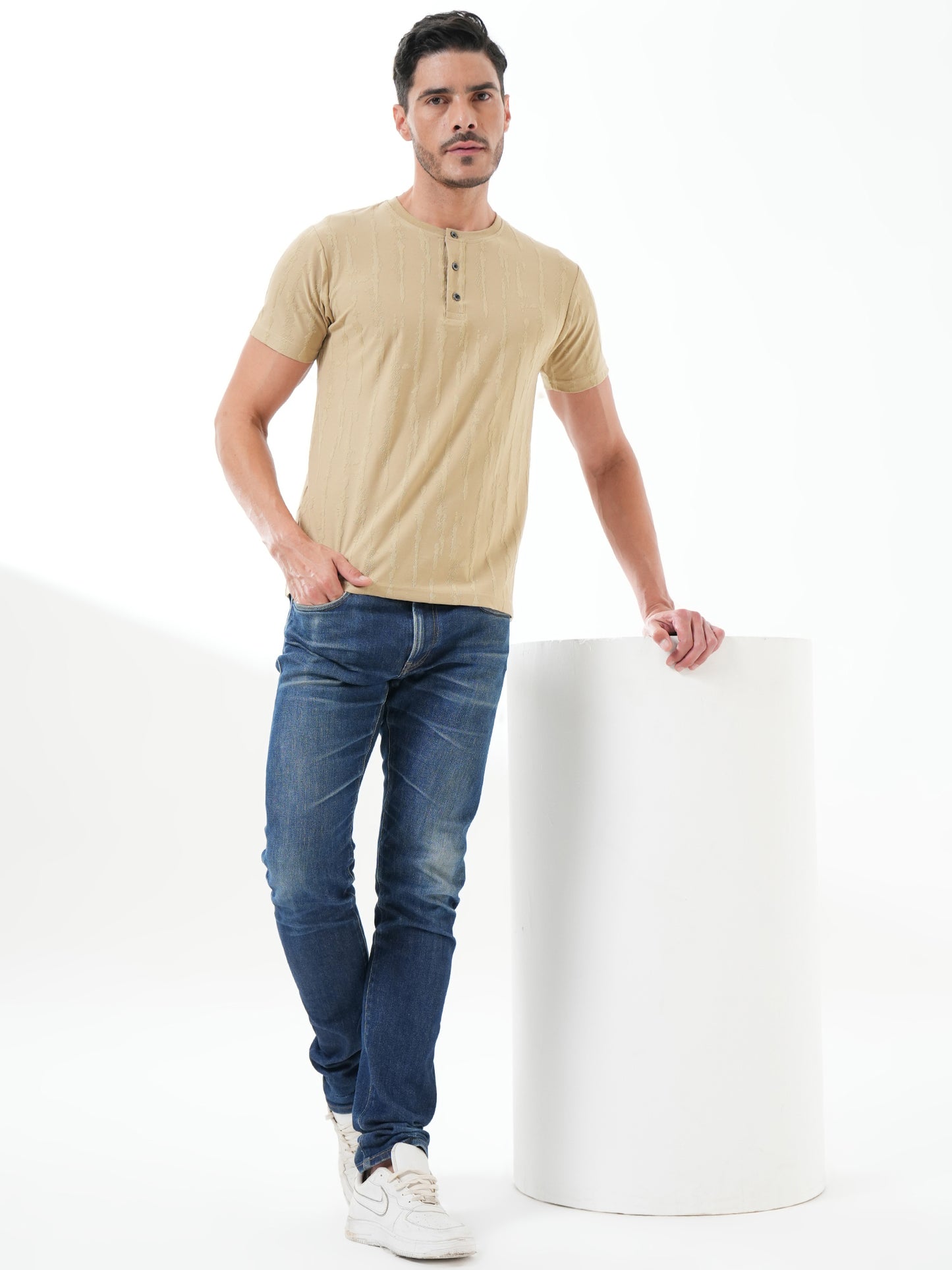 Men Textured Round Neck T-shirt Beige