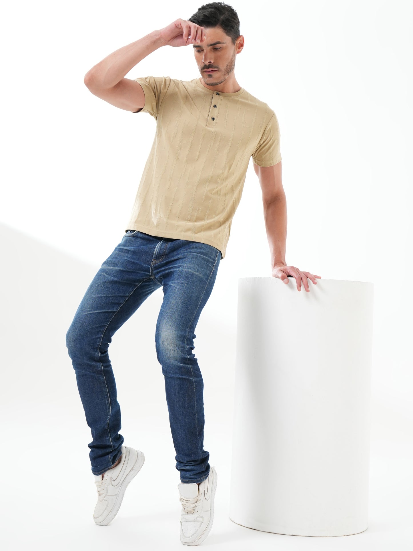 Men Textured Round Neck T-shirt Beige