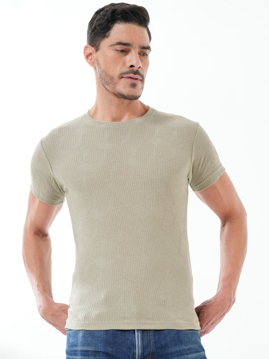 Men Solid Textured Round Neck T-shirt Olive