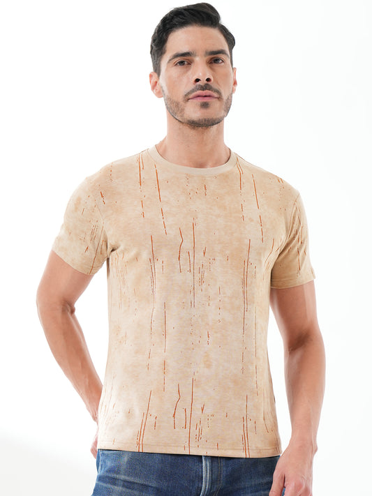 Men Textured Round Neck T-shirt Light Brown