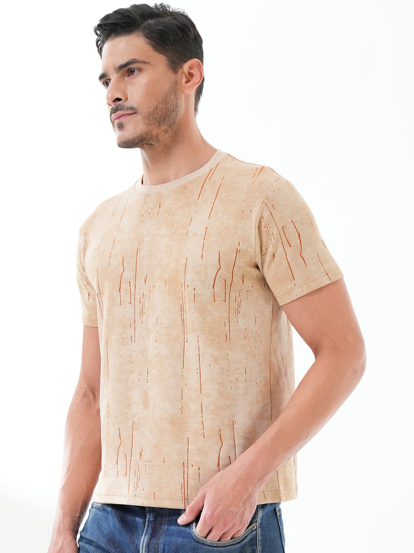 Men Textured Round Neck T-shirt Light Brown - Reprise