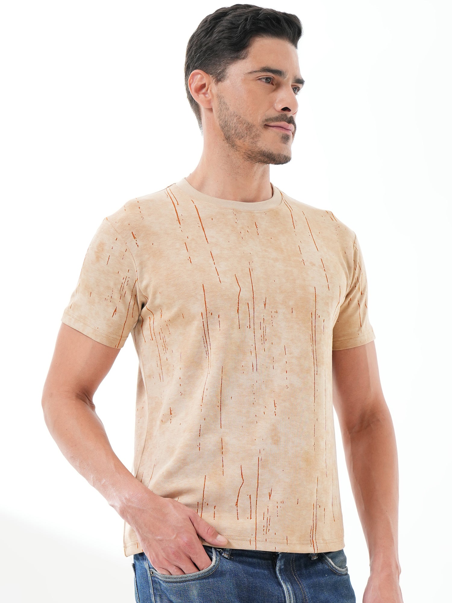 Men Textured Round Neck T-shirt Light Brown - Reprise