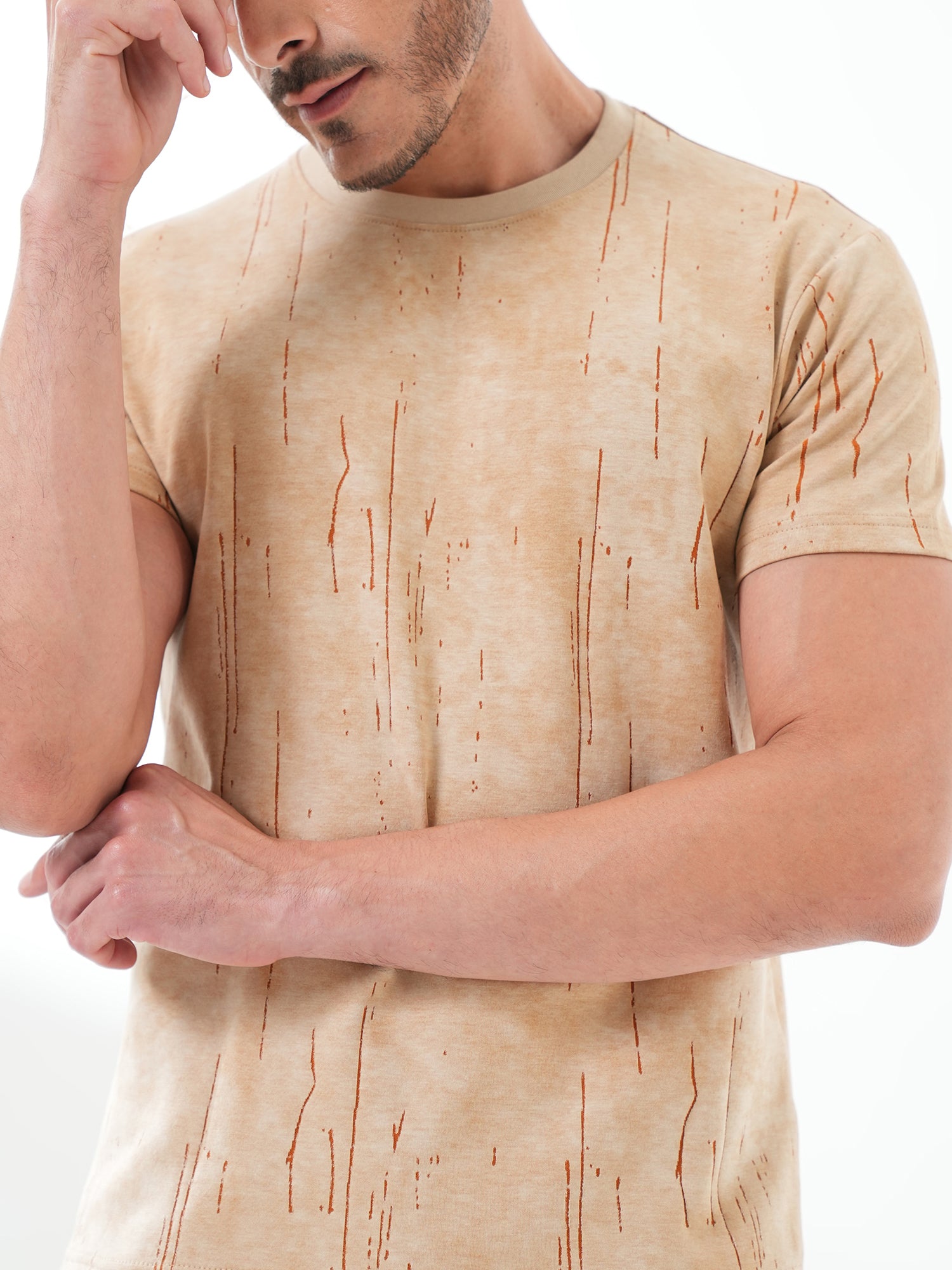 Men Textured Round Neck T-shirt Light Brown - Reprise