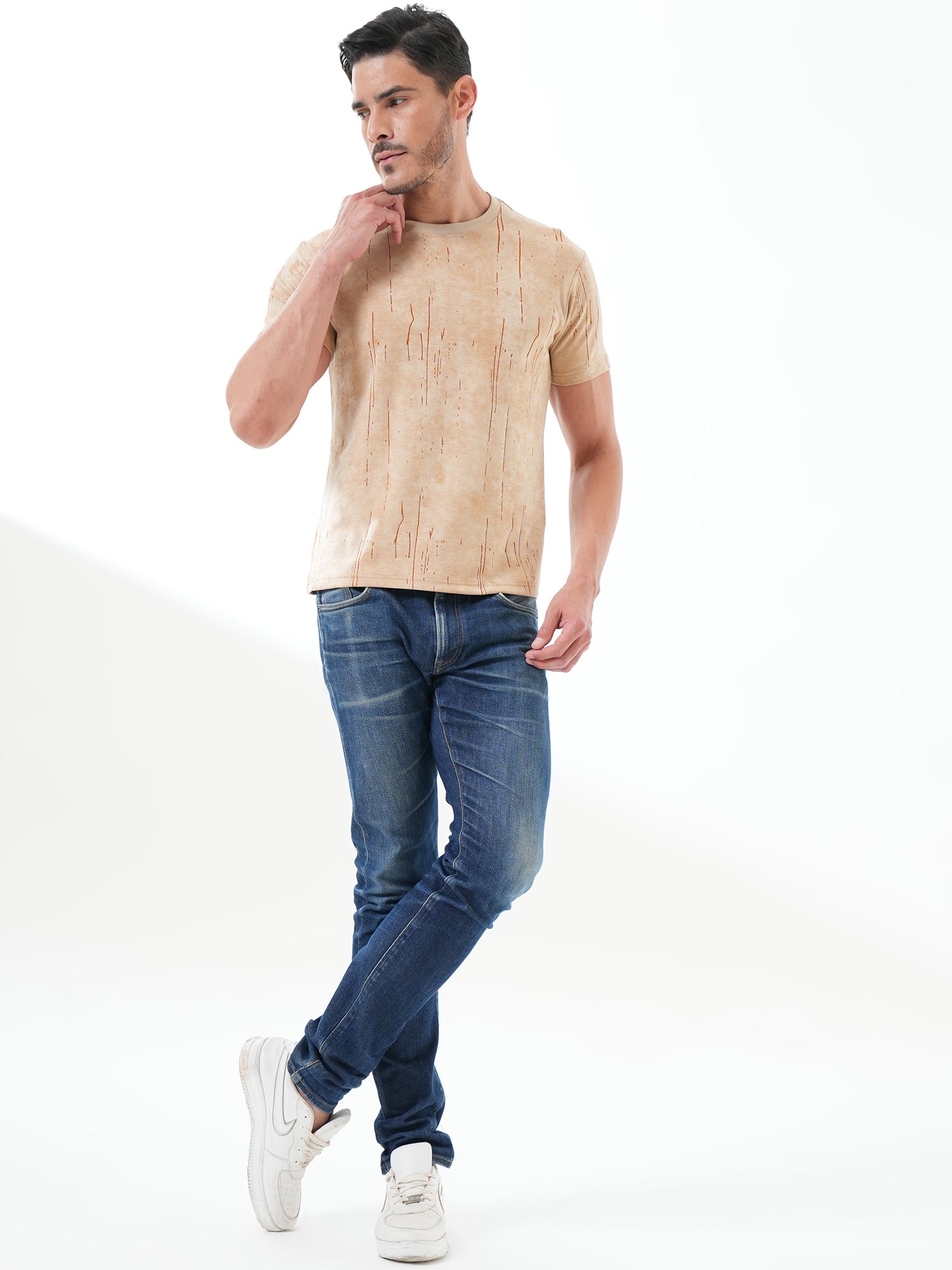 Men Textured Round Neck T-shirt Light Brown - Reprise