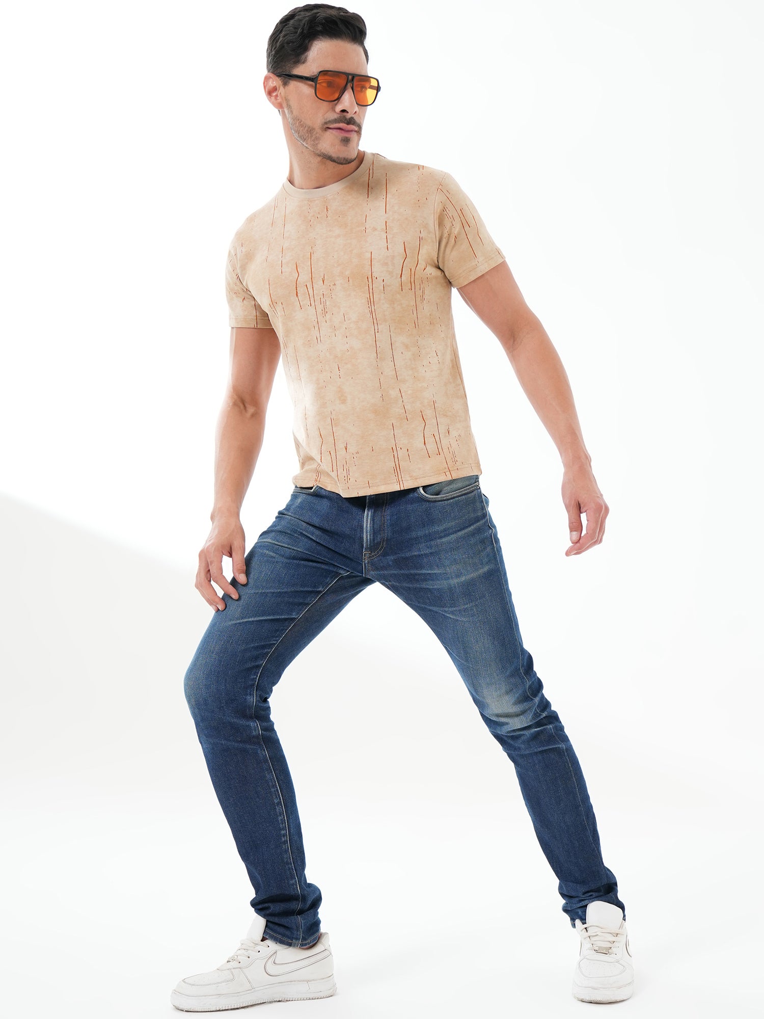 Men Textured Round Neck T-shirt Light Brown - Reprise