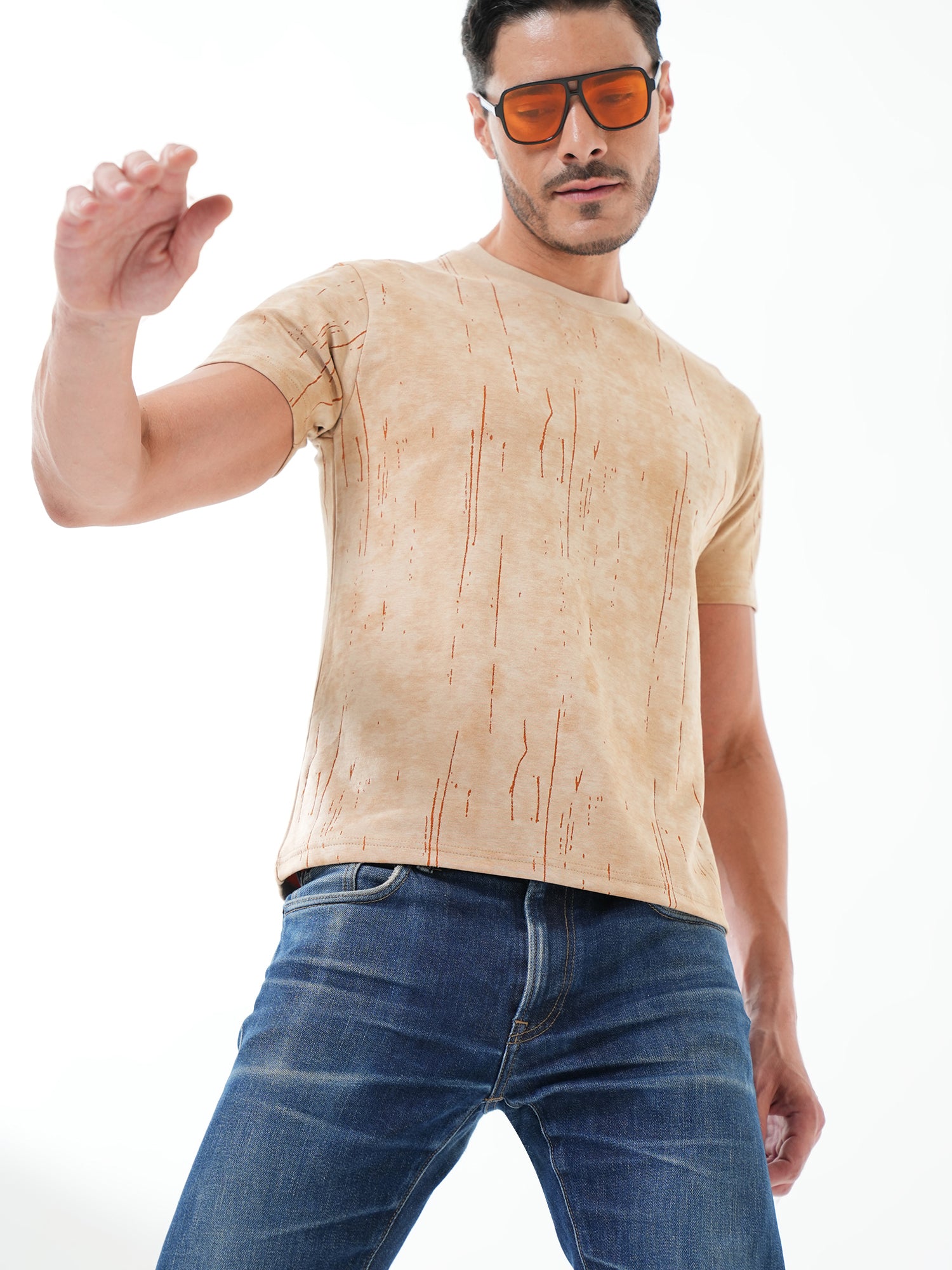 Men Textured Round Neck T-shirt Light Brown - Reprise