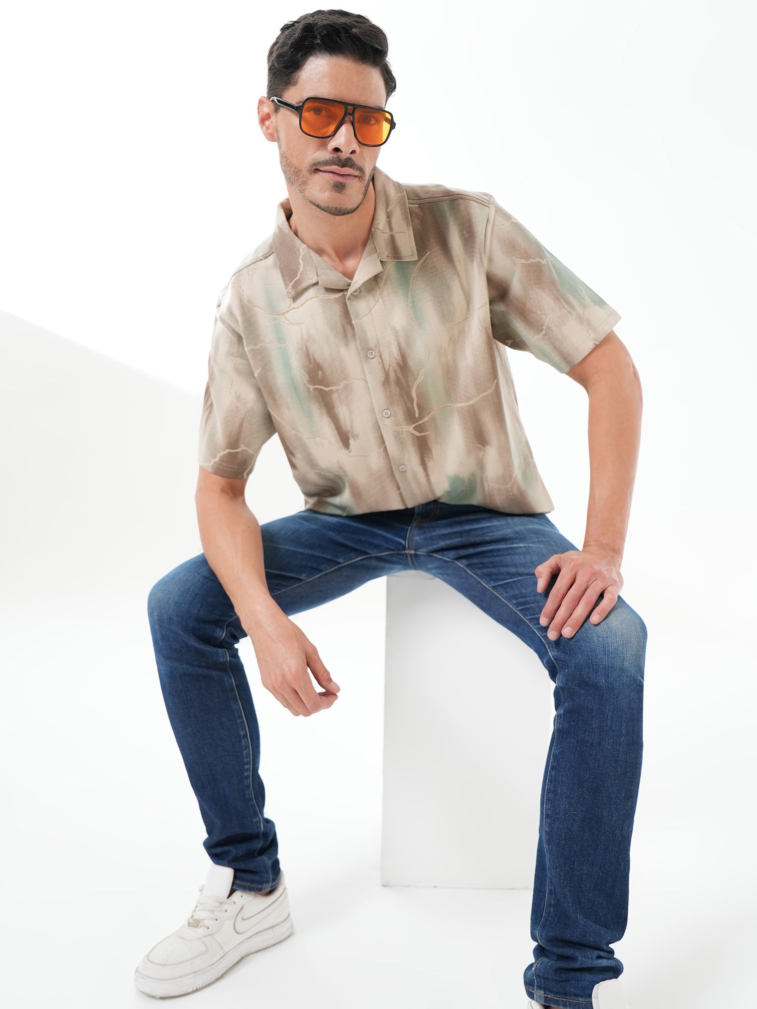 Men Self Design Printed Half Sleeve Shirt Beige Brown - Reprise