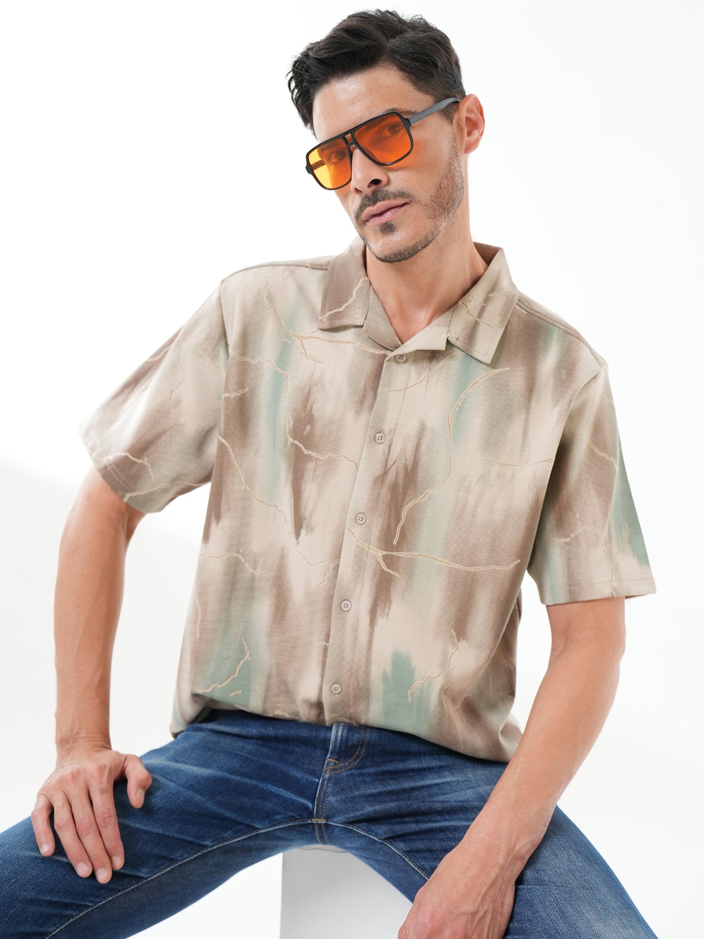 Men Self Design Printed Half Sleeve Shirt Beige Brown - Reprise