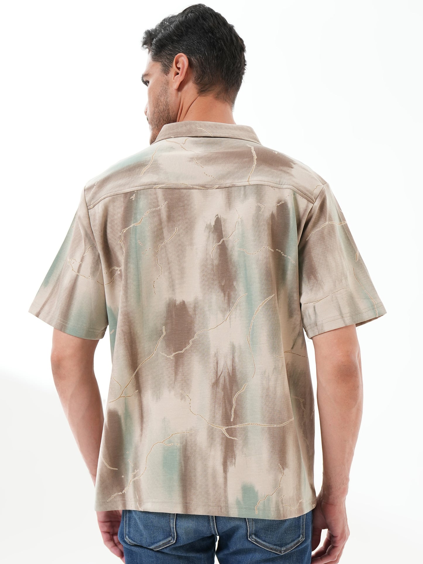 Men Self Design Printed Half Sleeve Shirt Beige Brown - Reprise