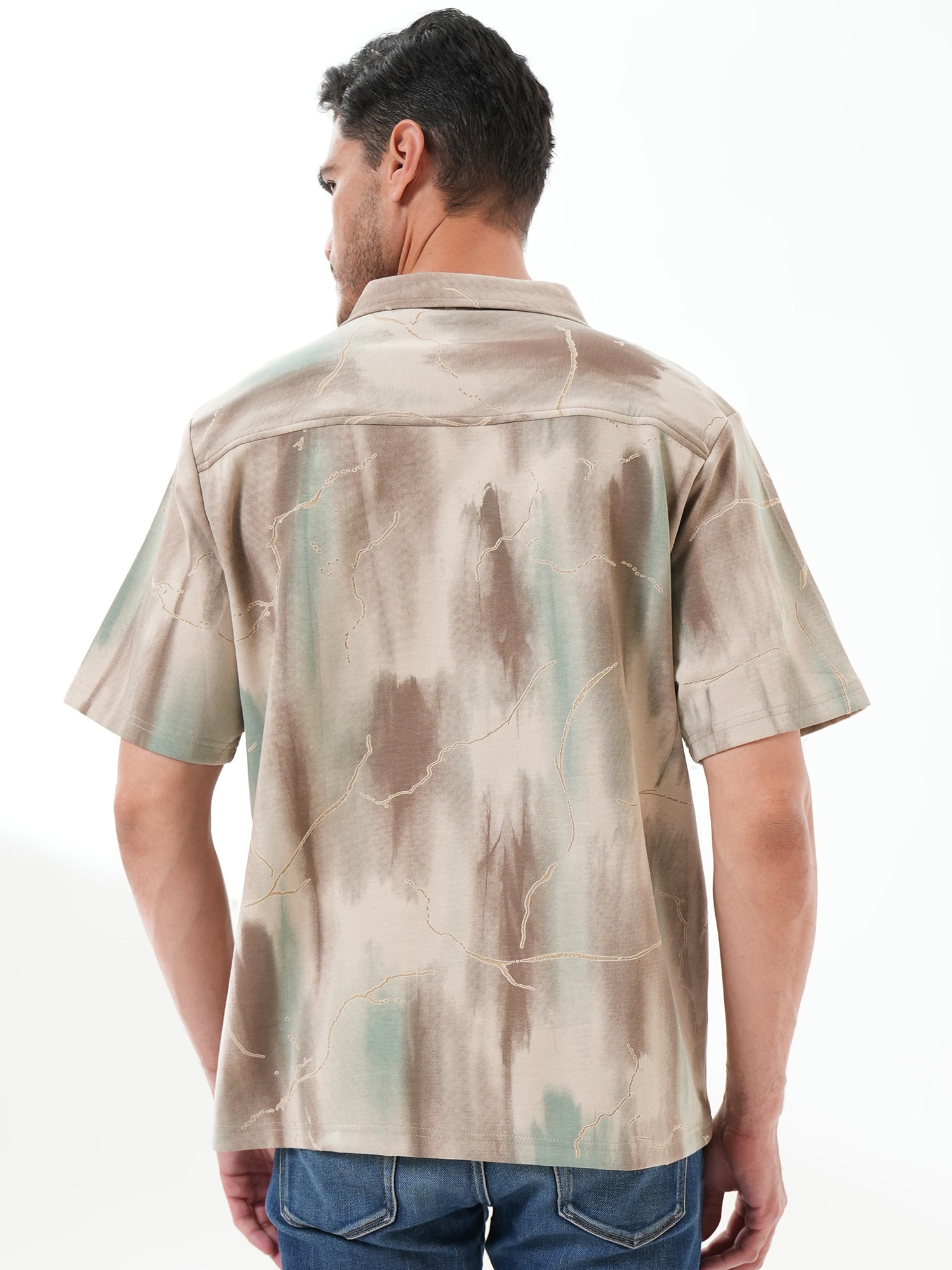 Men Self Design Printed Half Sleeve Shirt Beige Brown - Reprise