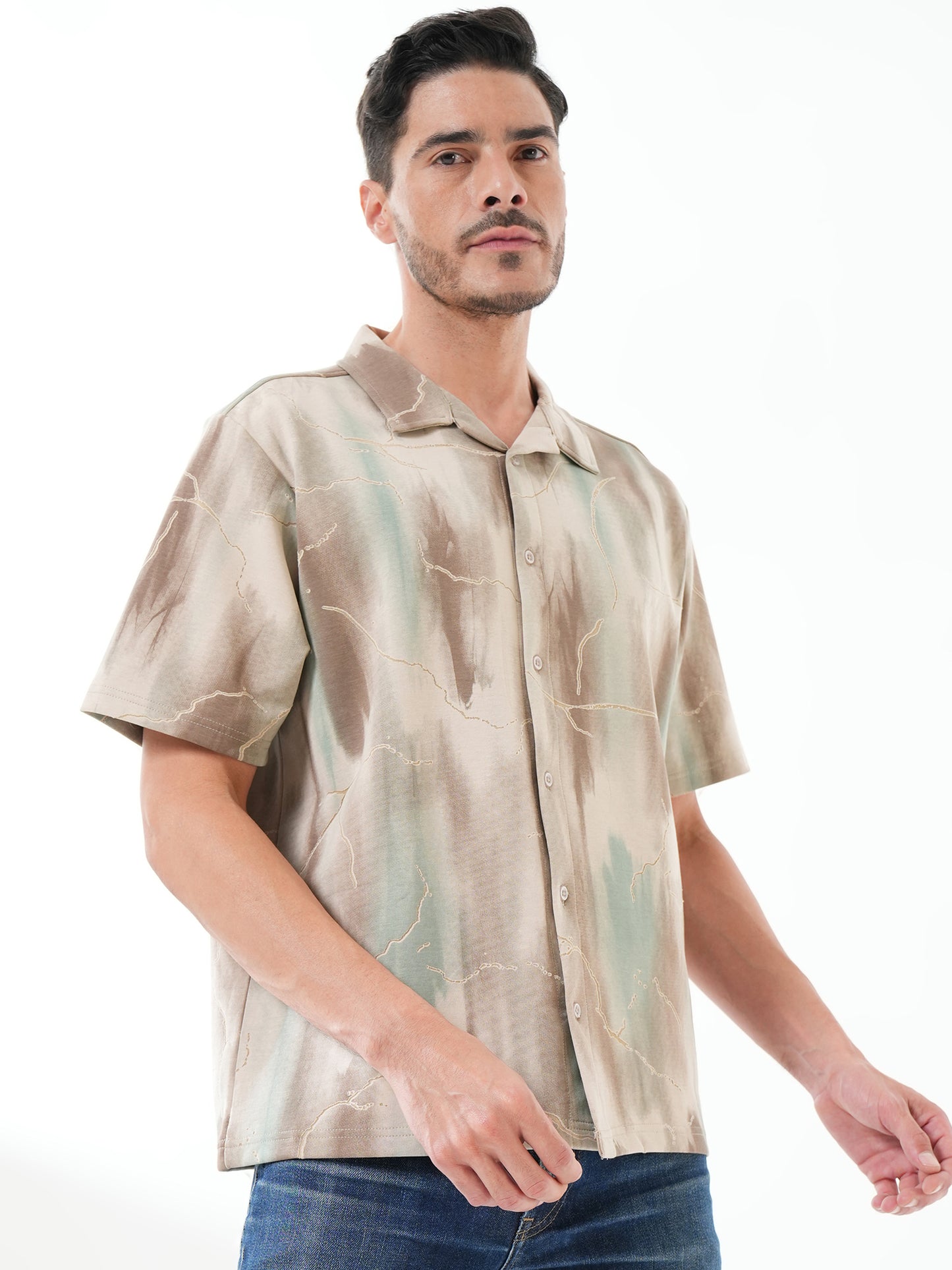 Men Self Design Printed Half Sleeve Shirt Beige Brown - Reprise