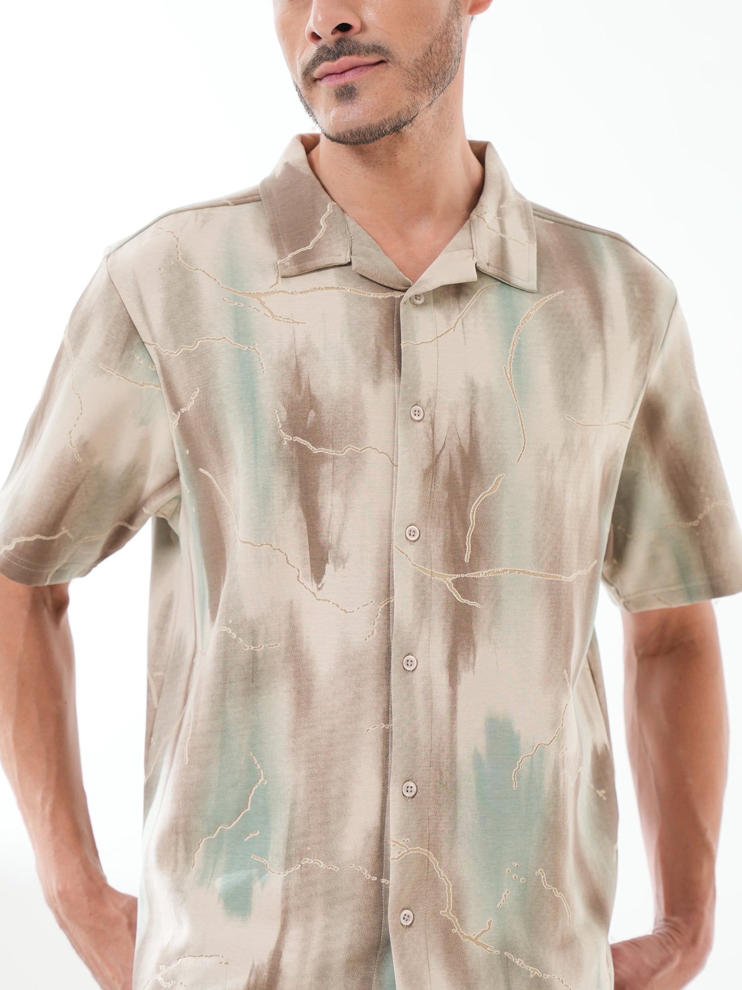 Men Self Design Printed Half Sleeve Shirt Beige Brown - Reprise