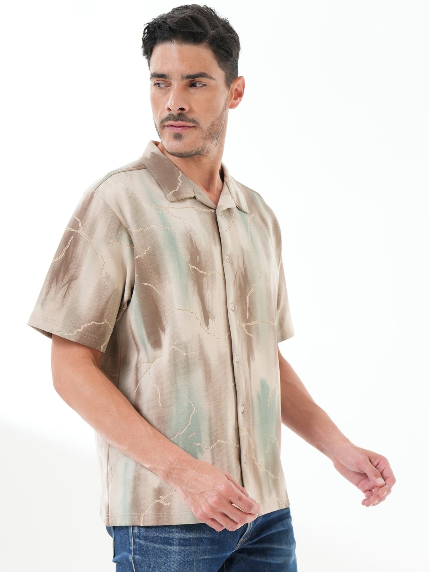 Men Self Design Printed Half Sleeve Shirt Beige Brown - Reprise