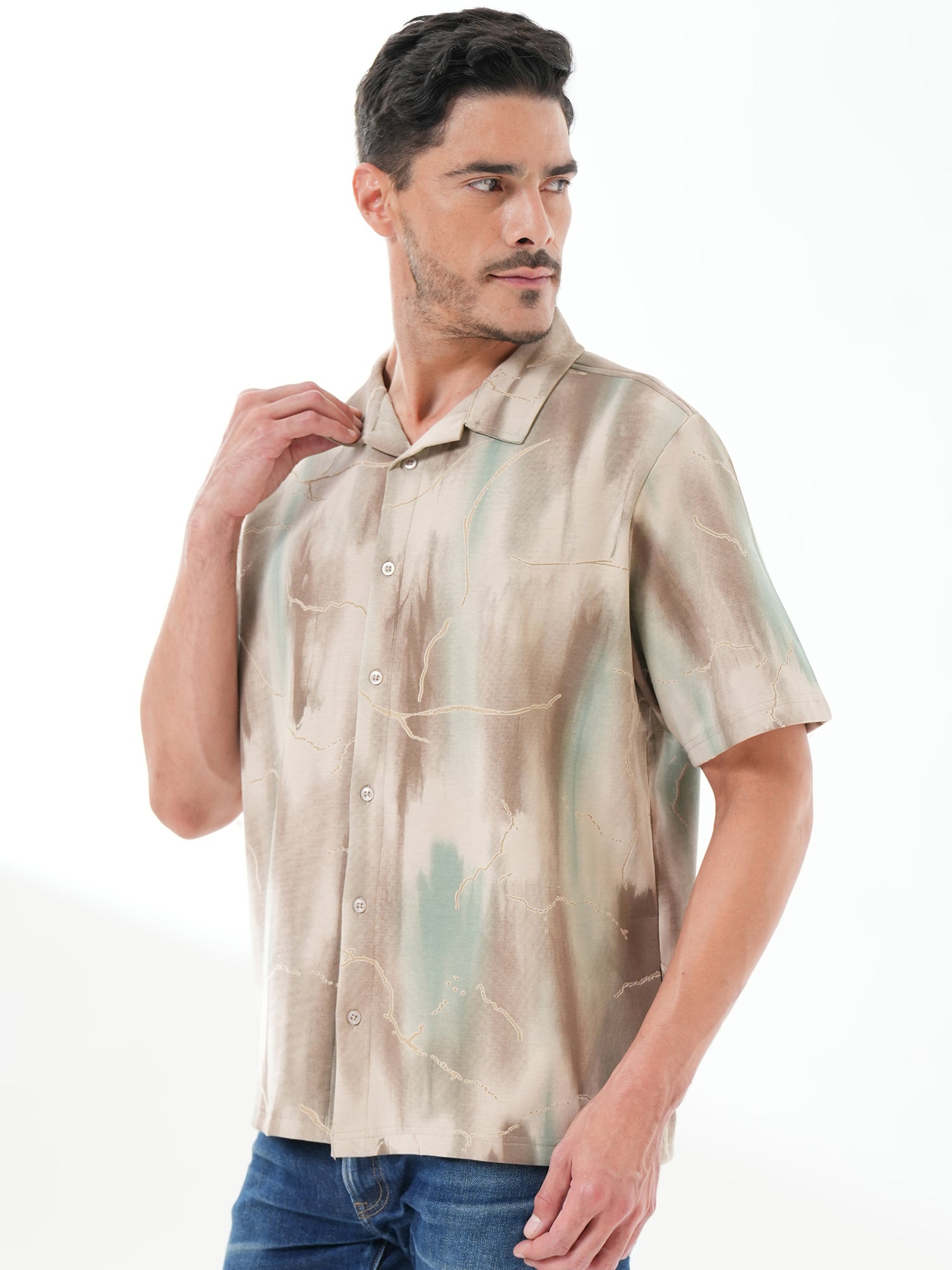 Men Self Design Printed Half Sleeve Shirt Beige Brown - Reprise