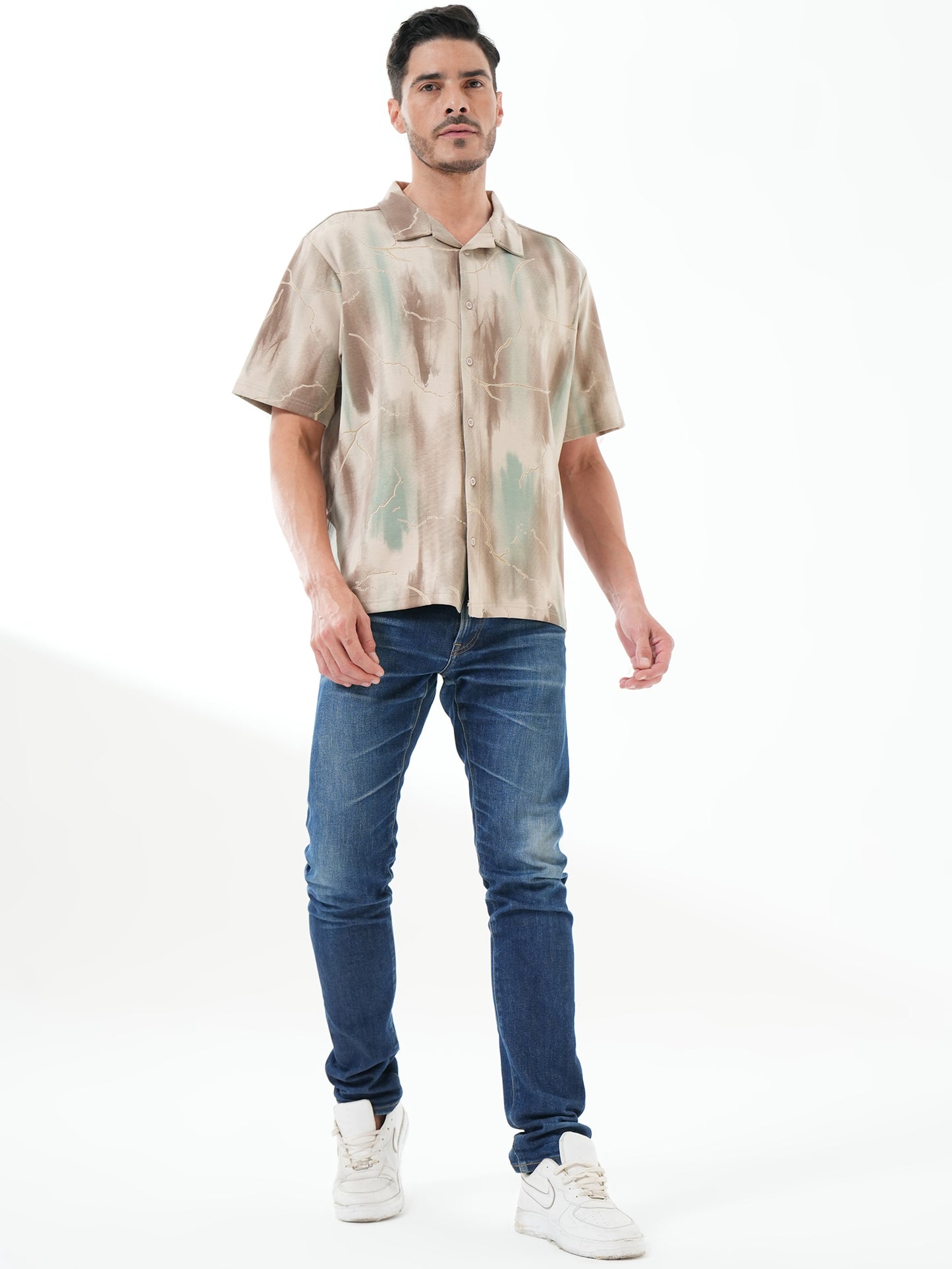 Men Self Design Printed Half Sleeve Shirt Beige Brown - Reprise