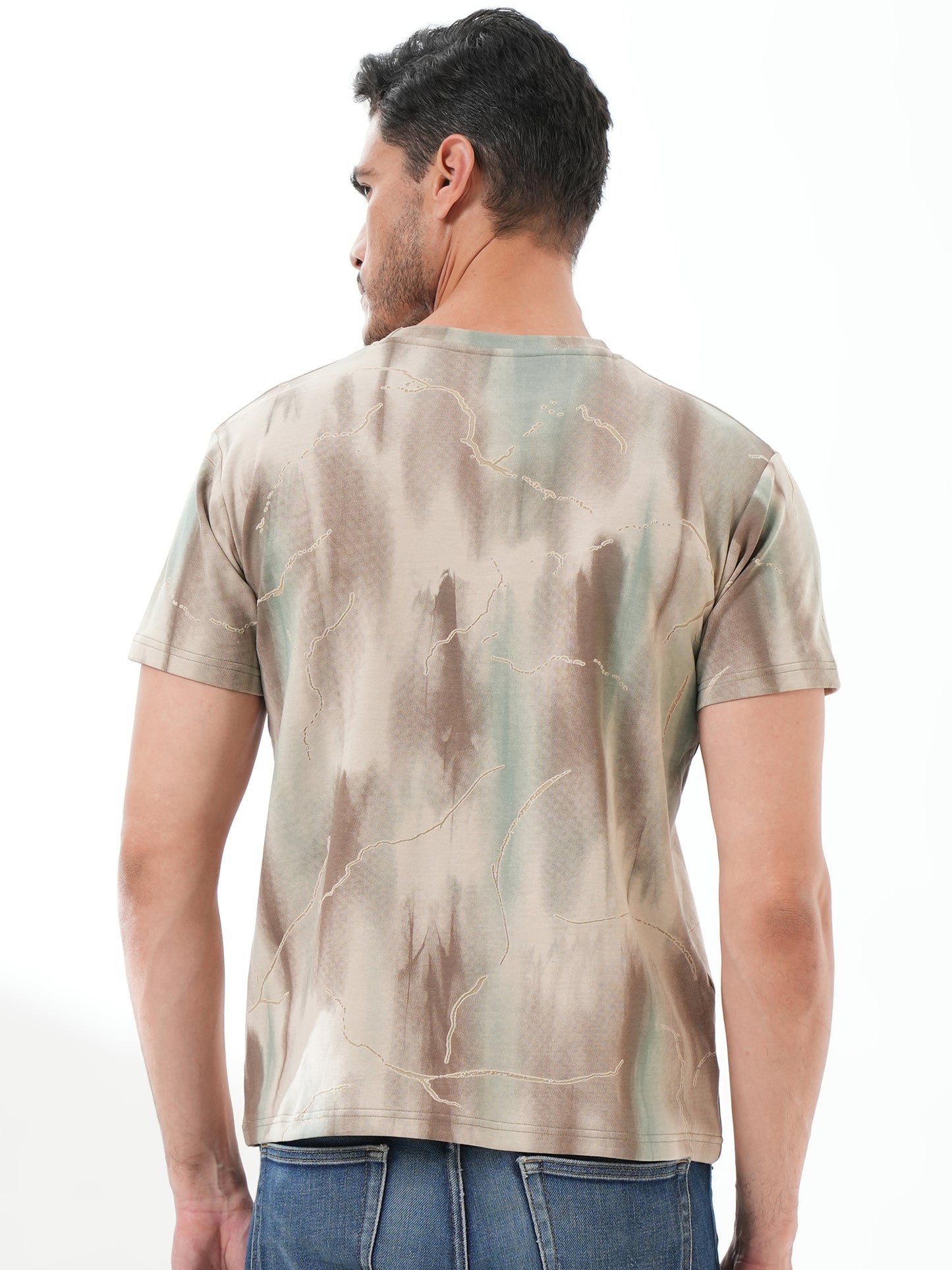 Men Printed Round Neck T-shirt Beige Brown