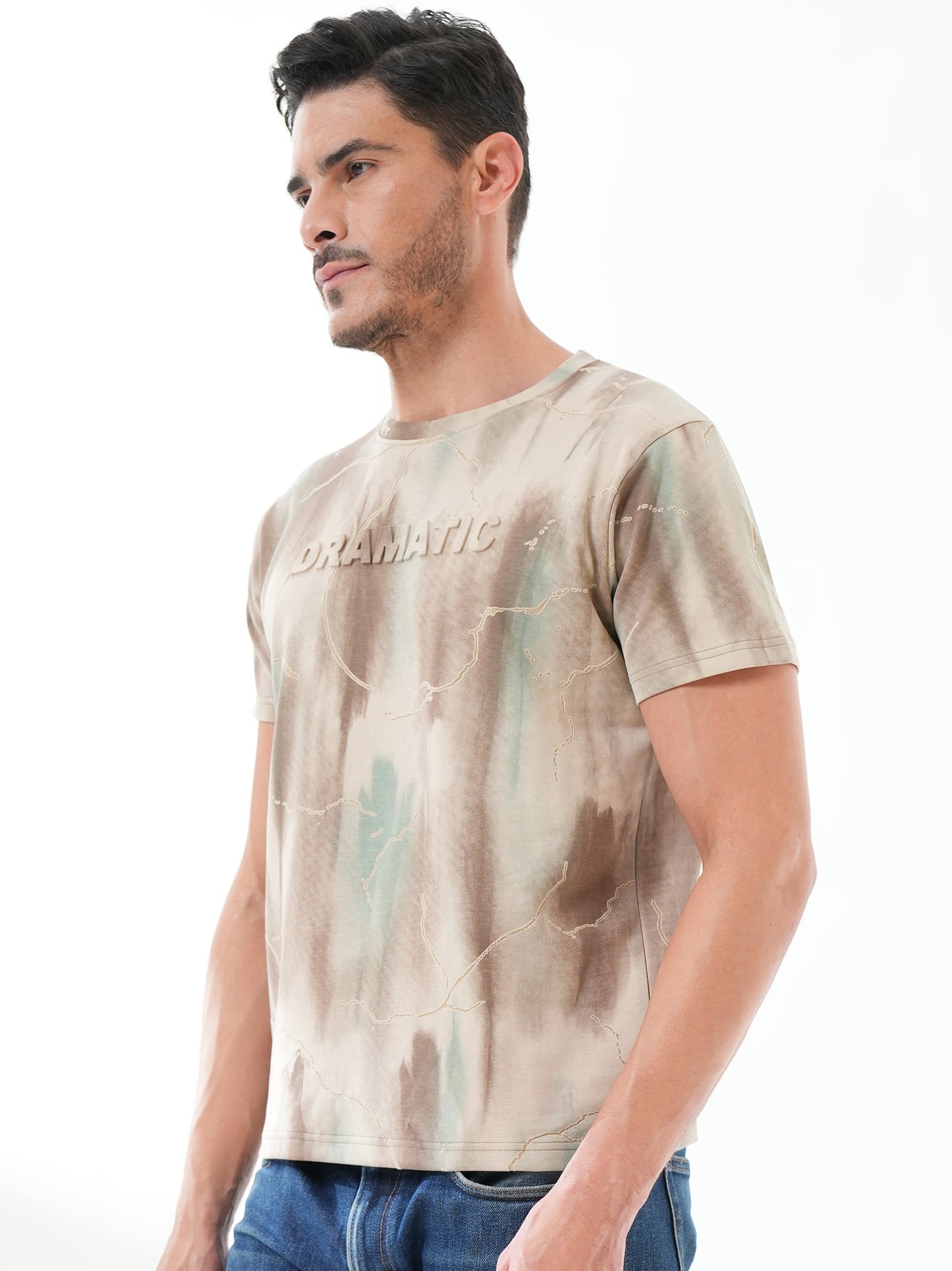 Men Printed Round Neck T-shirt Beige Brown