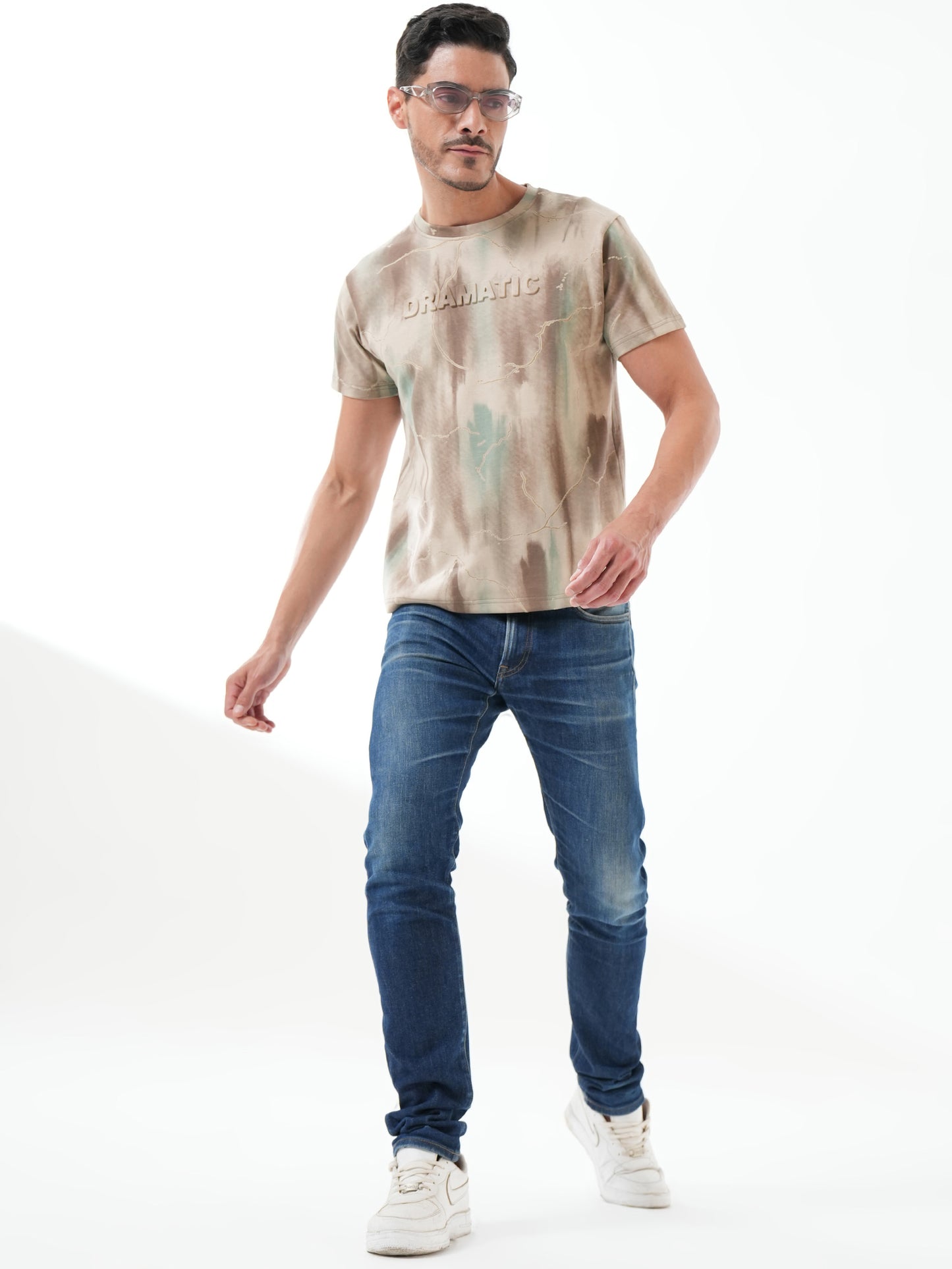 Men Printed Round Neck T-shirt Beige Brown
