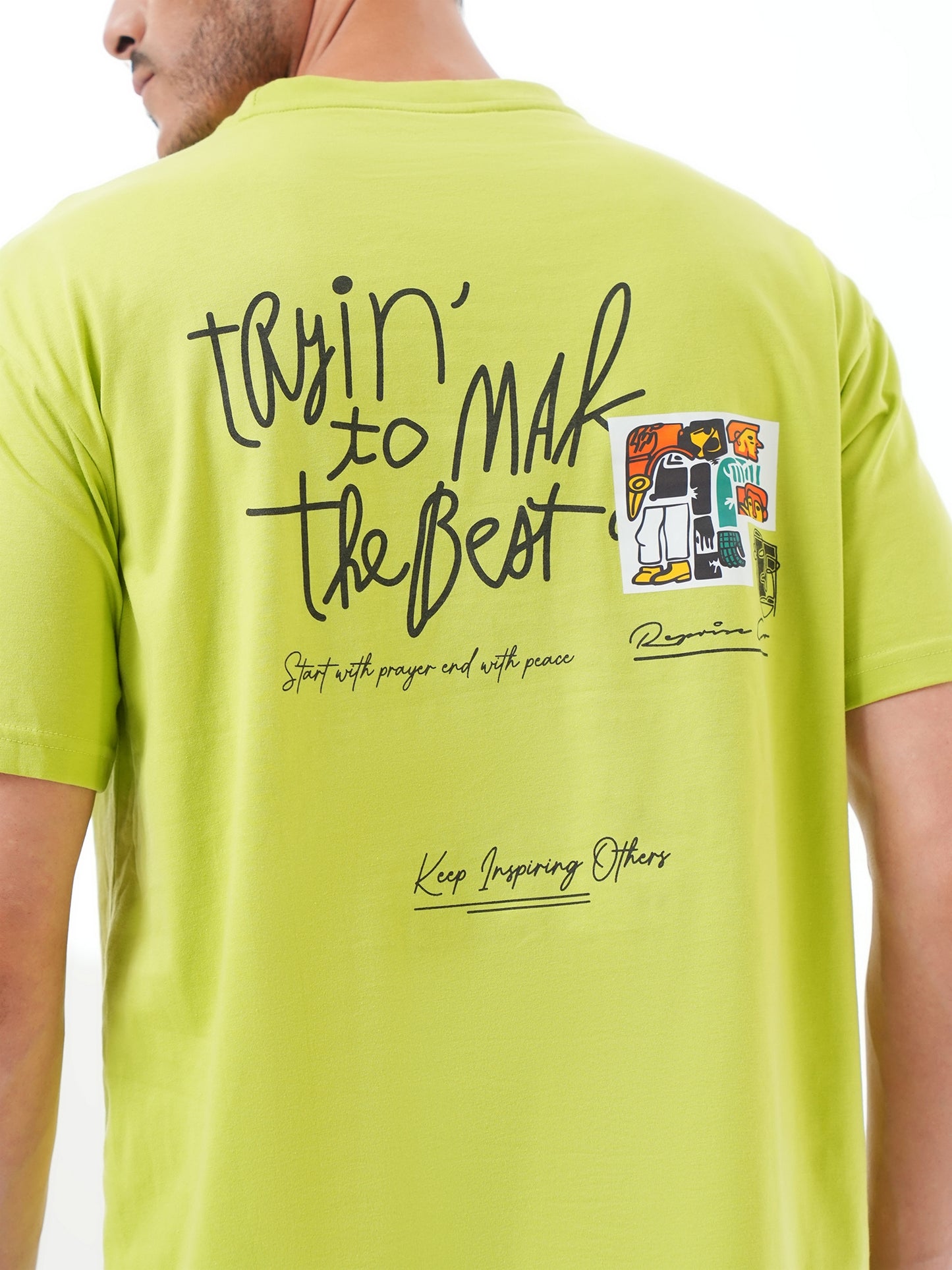 Men Oversized Printed Round Neck Drop Shoulder T-shirt Neon Green - Reprise