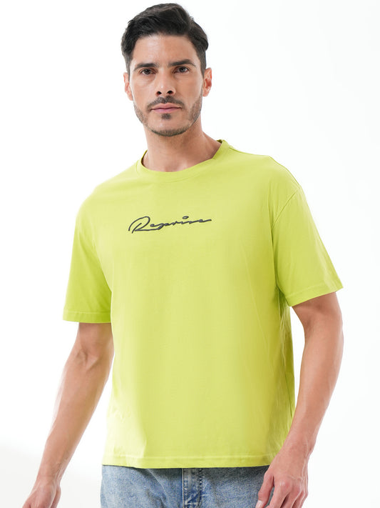 Men Oversized Printed Round Neck Drop Shoulder T-shirt Neon Green