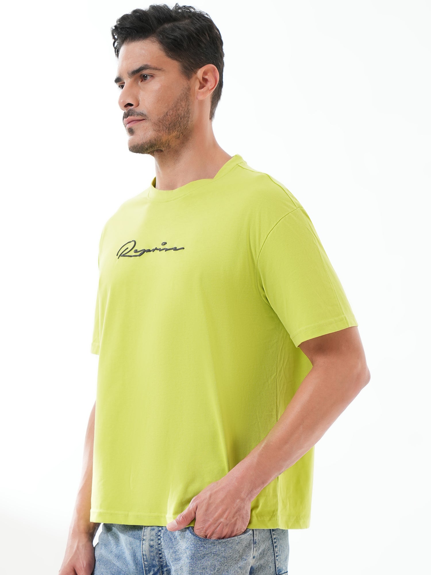 Men Oversized Printed Round Neck Drop Shoulder T-shirt Neon Green - Reprise